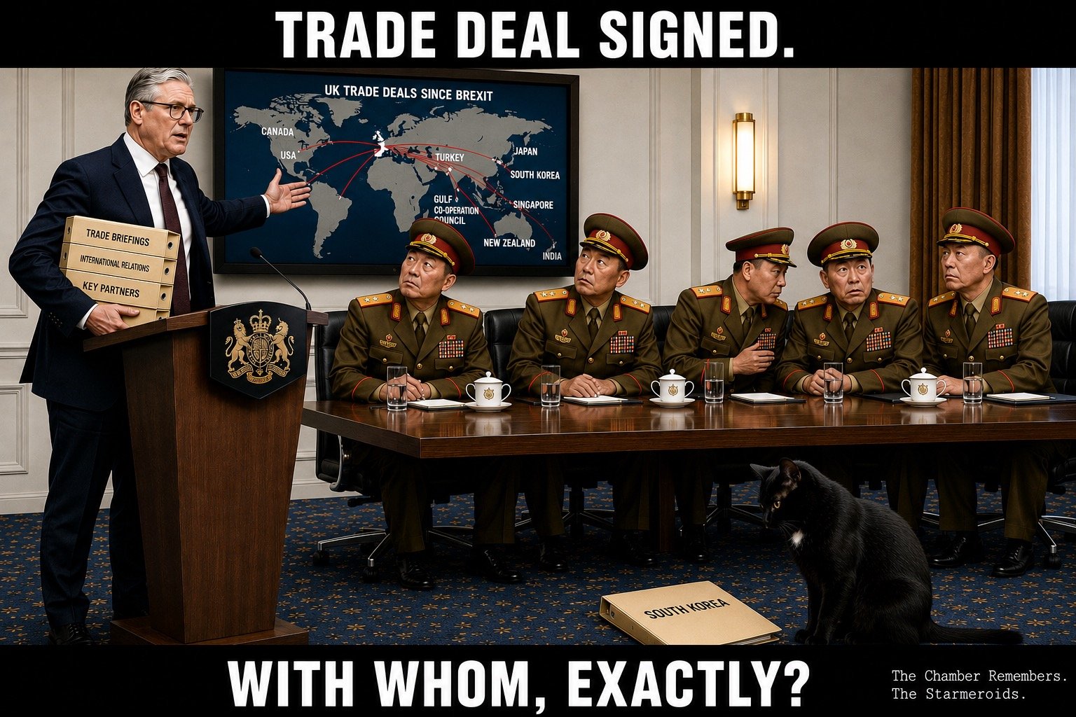 Top bar text: "TRADE DEAL SIGNED." In a formal government briefing room, Keir Starmer stands at a lectern with folders under his arm while five North Korean military officials in full dress uniform sit at a long table. A screen behind them shows a UK TRADE DEALS map. A folder marked SOUTH KOREA lies on the floor in the foreground. Tac sits at the lower right looking directly toward the misplaced folder. Bottom bar text: "WITH WHOM, EXACTLY?"