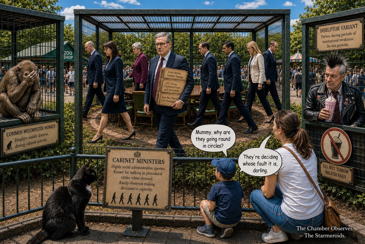 In a traditional British zoo, cabinet ministers occupy an enclosure and walk in procedural circles. A separate enclosure is labelled DISRUPTOR VARIANT and contains Punk Farage. Tac sits outside the enclosure reading the sign. A child asks, "MUMMY, WHY ARE THEY GOING ROUND IN CIRCLES?" The mother replies, "THEY'RE DECIDING WHOSE FAULT IT IS, DARLING."