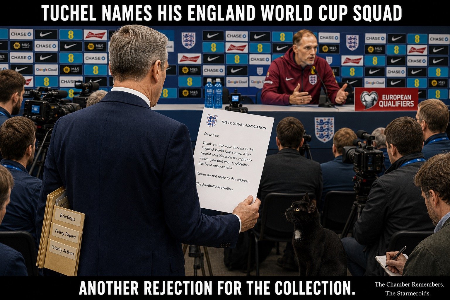 Top bar text: "TUCHEL NAMES HIS ENGLAND WORLD CUP SQUAD." In an England press-conference room, Thomas Tuchel stands at the podium in soft focus behind a crowd of journalists and camera operators. Keir Starmer, seen from behind in a dark navy suit, holds an FA rejection letter and folders labelled BRIEFINGS, POLICY PAPERS and PRIORITY ACTIONS. The letter begins "THE FOOTBALL ASSOCIATION. Dear Keir" and says his application to the England World Cup squad has been unsuccessful, ending "Please do not reply to this address." Tac sits at the lower right looking toward the letter. Bottom bar text: "ANOTHER REJECTION FOR THE COLLECTION."