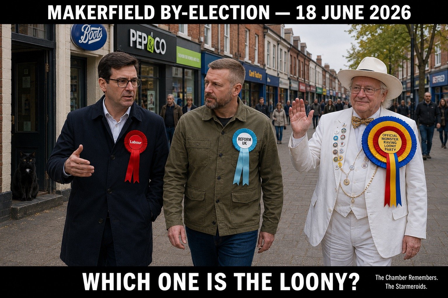 Top bar text: "MAKERFIELD BY-ELECTION - 18 JUNE 2026." On a British high street, Andy Burnham, Robert Kenyon and Howling Laud Hope stand together as the three visible by-election candidates. Tac sits on a shop doorstep at the upper left, facing outward. Bottom bar text: "WHICH ONE IS THE LOONY?"