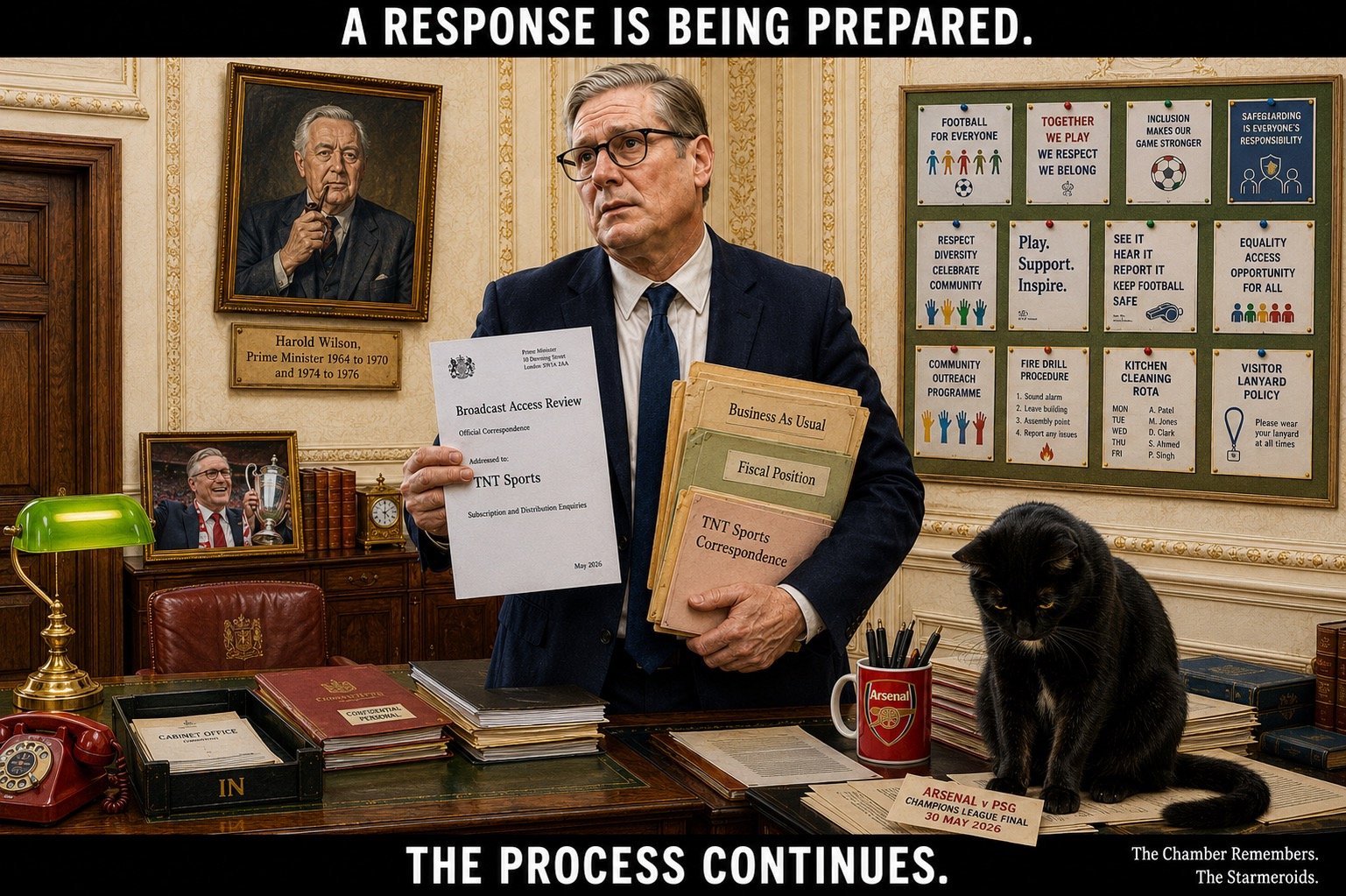 Top bar text: "A RESPONSE IS BEING PREPARED." In a grand but shabby ministerial office, Keir Starmer holds a letter headed BROADCAST ACCESS REVIEW addressed to TNT Sports. His folders read BUSINESS AS USUAL, FISCAL POSITION and TNT SPORTS CORRESPONDENCE. An Arsenal mug and an Arsenal v PSG Champions League Final fixture card sit on the desk, while a framed celebration photograph of Keir Starmer at Arsenal's Premier League title win stands on a shelf. A portrait of Harold Wilson and football-related noticeboard papers are visible behind. Tac sits on the desk looking down toward the fixture card. Bottom bar text: "THE PROCESS CONTINUES."