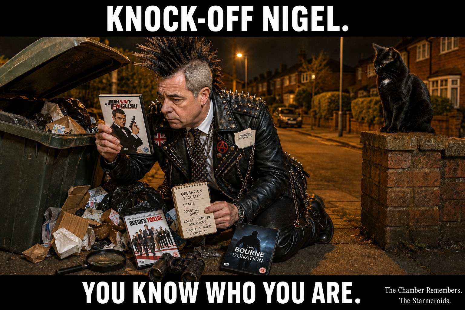 Top bar text: "KNOCK-OFF NIGEL." At night on a suburban street, Punk Farage is on his hands and knees beside a wheelie bin, searching through discarded items under orange street lighting. He wears his studded leather jacket, gold tie, Union Jack and anarchy badges and chains. He holds a "Johnny English" DVD; "Ocean's Twelve" and a fake "The Bourne Donation" lie on the ground. His notebook reads OPERATION SECURITY, LEADS, POSSIBLE SPIES, LOCATE FURTHER DONATIONS and SECURITY FUND - CRITICAL. A magnifying glass and binoculars lie nearby, and his jacket pocket carries a HARBOURNE SECURITY LTD label. Tac watches from a garden wall. Bottom bar text: "YOU KNOW WHO YOU ARE."
