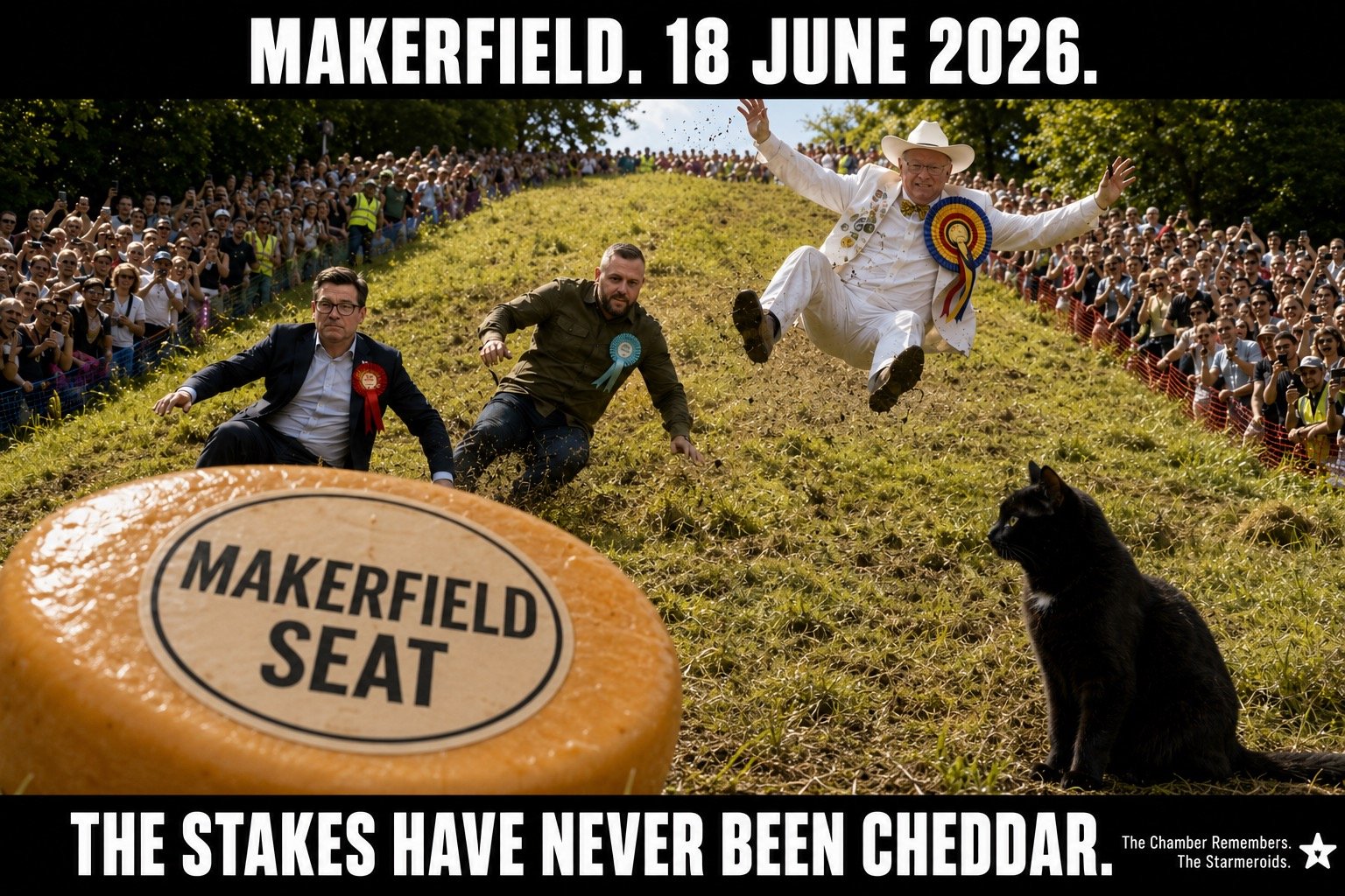 Top bar text: "MAKERFIELD. 18 JUNE 2026." At the Cooper's Hill cheese-rolling race, Andy Burnham, Robert Kenyon and Howling Laud Hope hurtle down the steep grass slope. Burnham wears a Labour rosette, Kenyon a Reform rosette, and Hope is airborne in his white suit, cowboy hat, multicoloured rosette, badges and bow tie. A large Double Gloucester cheese in the foreground is labelled MAKERFIELD SEAT. Tac sits calmly on the finish line watching the candidates tumble towards him. Bottom bar text: "THE STAKES HAVE NEVER BEEN CHEDDAR."