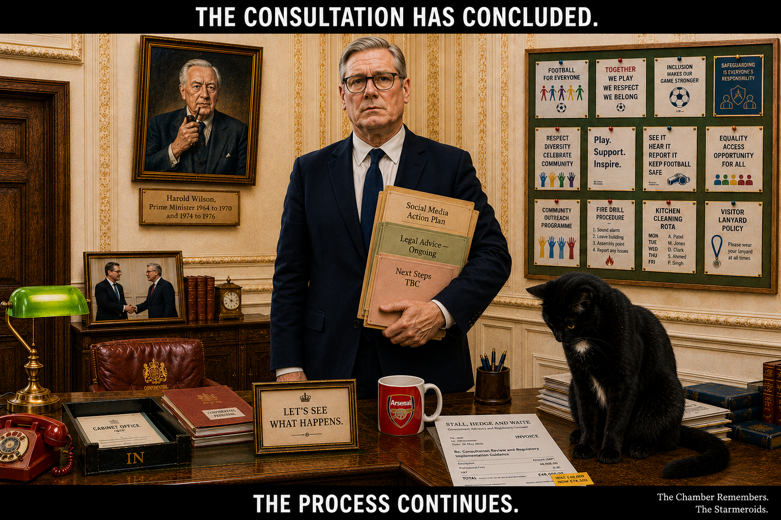Top bar text: "THE CONSULTATION HAS CONCLUDED." In the Whitehall Standard ministerial office, Keir Starmer stands neutrally with folders labelled SOCIAL MEDIA ACTION PLAN, LEGAL ADVICE - ONGOING and NEXT STEPS TBC. On the desk is an invoice from the fictional law firm STALL, HEDGE AND WAITE for "Consultation Review and Regulatory Implementation Guidance". A price sticker on it reads "WAS £48,000 - NOW £74,500". An Arsenal mug, a LET'S SEE WHAT HAPPENS sign, Cabinet Office and Confidential Personal trays, a green banker's lamp and a red telephone surround the paperwork. Tac sits on the desk looking specifically at the price sticker. Bottom bar text: "THE PROCESS CONTINUES."