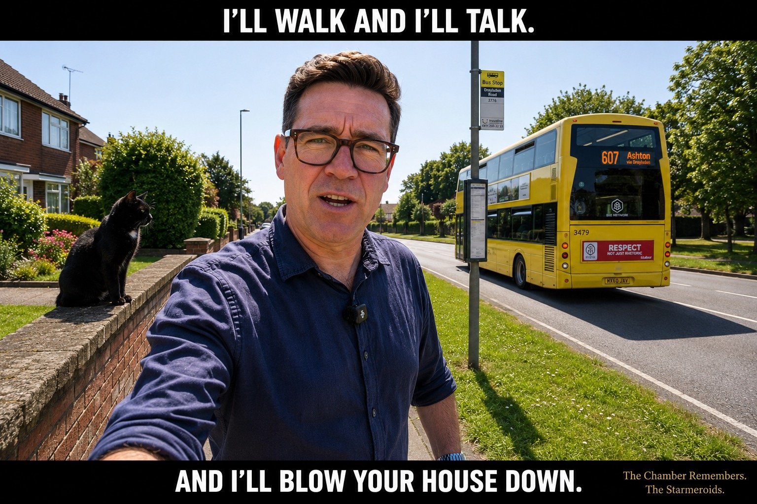 Top bar text: "I'LL WALK AND I'LL TALK." Andy Burnham films a campaign-video selfie on Droylsden Road in Hindley, wearing a blue shirt with the sleeves rolled up and speaking as he walks. Behind him, a yellow 607 bus for Ashton via Droylsden passes the bus stop on a sunny suburban street. Tac sits on a garden wall at the left looking towards Burnham. Bottom bar text: "AND I'LL BLOW YOUR HOUSE DOWN."