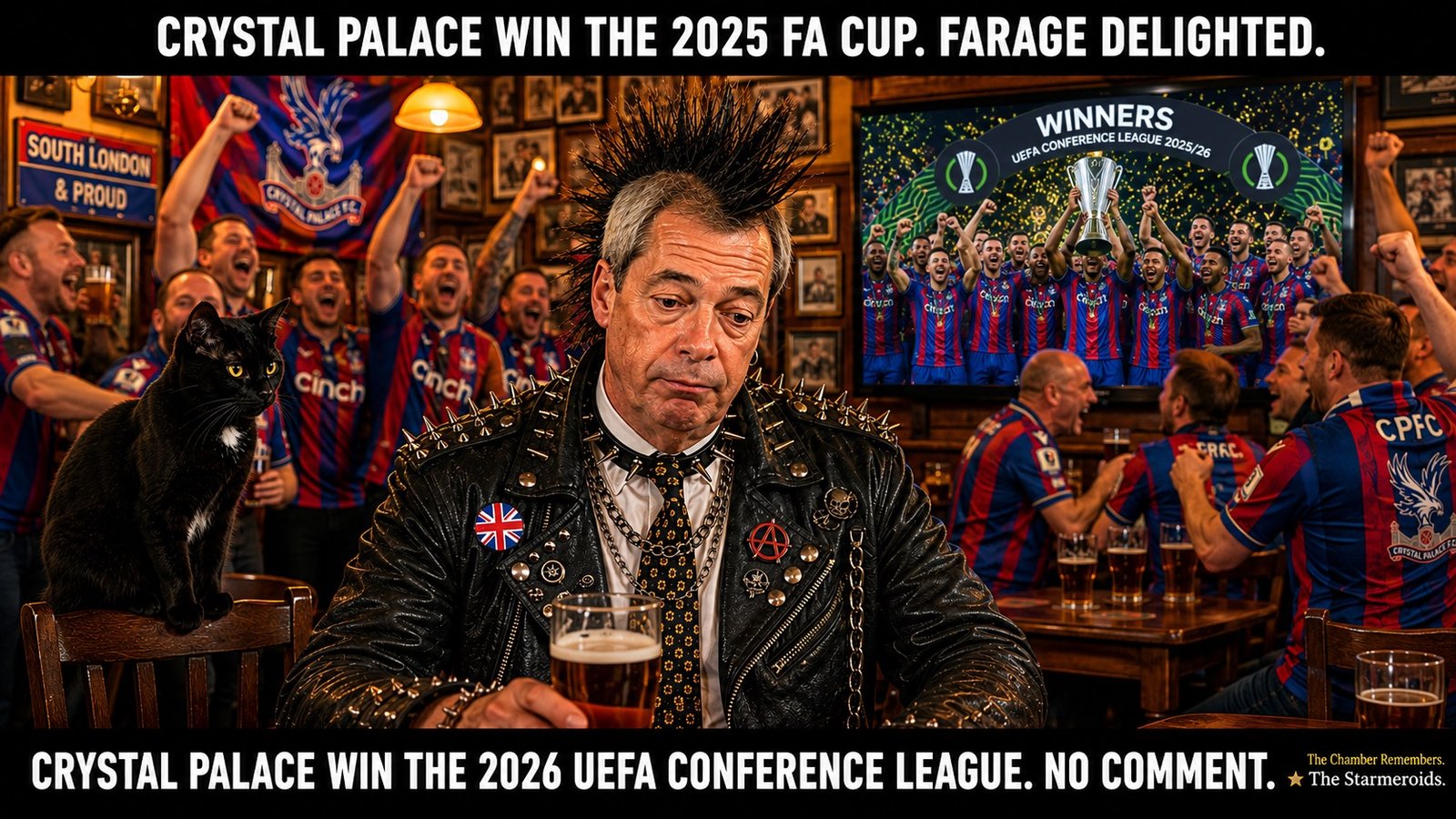Top bar text: "CRYSTAL PALACE WIN THE 2025 FA CUP. FARAGE FAMILY DELIGHTED." In a traditional British pub, Punk Farage sits alone watching Crystal Palace lift the UEFA Conference League trophy on television. He wears his studded leather jacket, gold tie and mohawk, and his expression looks conflicted while Palace supporters celebrate freely in the background. Tac sits on the bar watching Farage. Bottom bar text: "CRYSTAL PALACE WIN THE 2026 UEFA CONFERENCE LEAGUE. NO COMMENT."