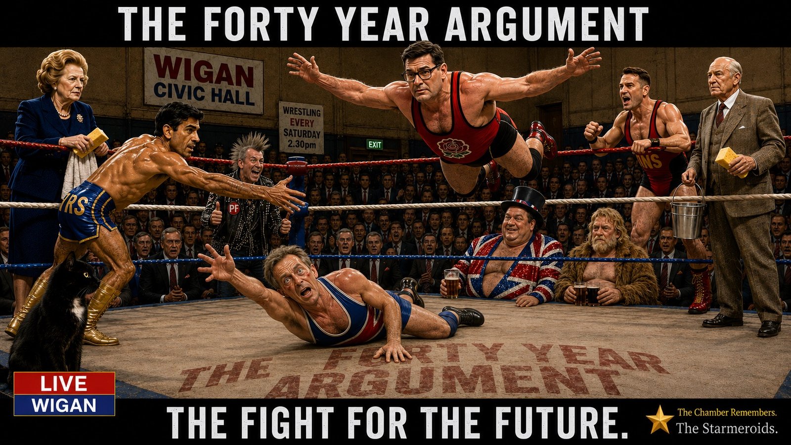 Top bar text: "THE FORTY YEAR ARGUMENT." In a 1980s-style World of Sport wrestling match at Wigan Civic Hall, a ring marked THE FORTY YEAR ARGUMENT is surrounded by politicians and wrestling figures. Tony Blair is down on the blue side reaching toward Rishi Sunak, while Margaret Thatcher stands in their corner. On the red side, Andy Burnham is airborne in a Big Daddy-style splash, with Wes Streeting on the apron and Clement Attlee in the corner. Big Daddy and Giant Haystacks sit ringside with pints, watching matter-of-factly. Punk Farage appears in the crowd giving a thumbs-up. Tac sits on the neutral ring apron looking towards Blair. Signs include WRESTLING EVERY SATURDAY 2.30pm and LIVE WIGAN. Bottom bar text: "THE FIGHT FOR THE FUTURE."