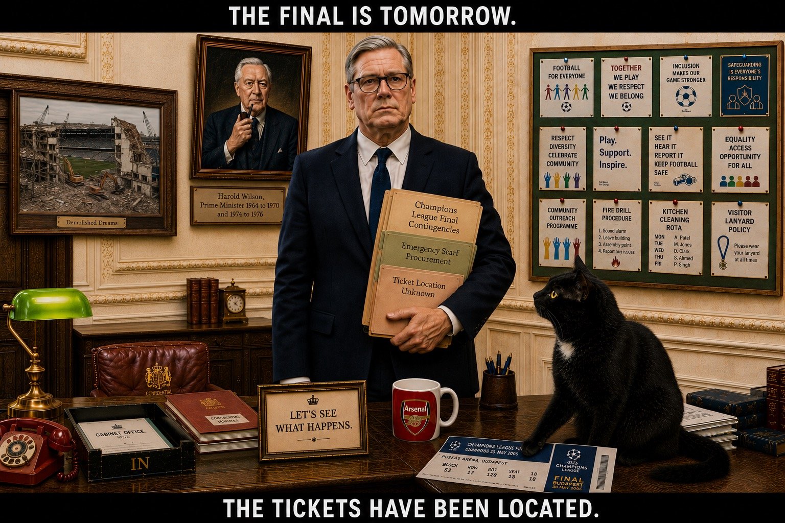 Top bar text: "THE FINAL IS TOMORROW." In the same ministerial office, Keir Starmer stands completely still with a neutral expression. Champions League Final tickets are visible on the desk beneath Tac's paw. Tac looks away from the tickets towards the framed "Demolished Dreams" photograph. Bottom bar text: "THE TICKETS HAVE BEEN LOCATED."