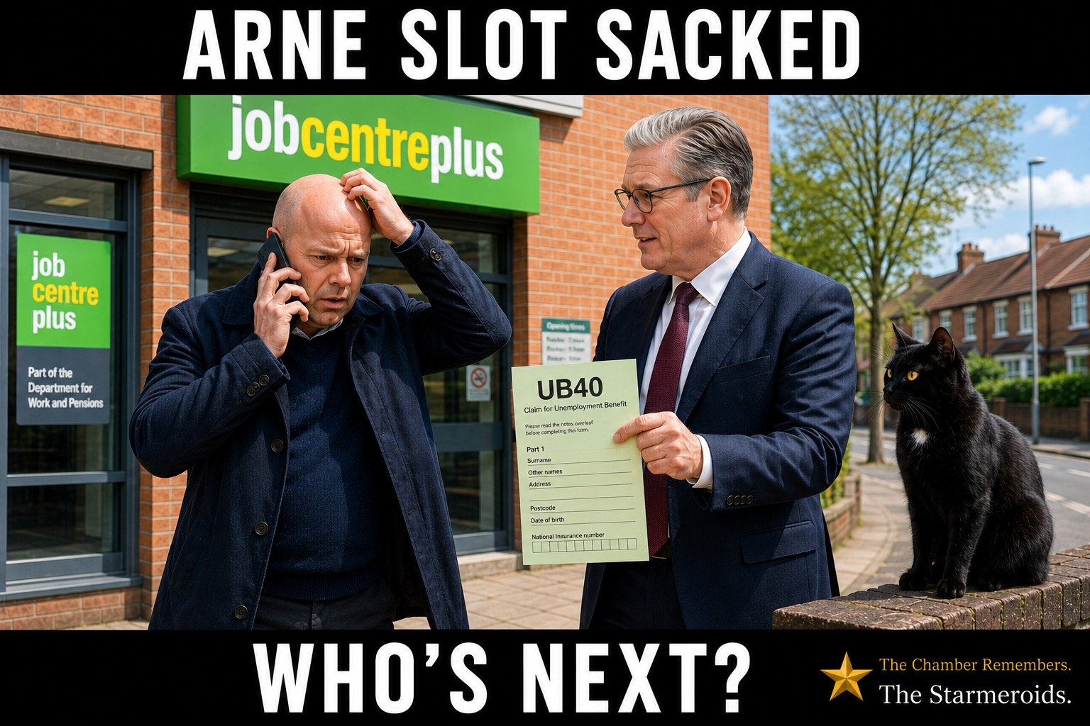 Top bar text: "ARNE SLOT SACKED." Outside a Jobcentre Plus, Arne Slot stands with a phone to his ear and one hand on his head, looking confused. Beside him, Keir Starmer calmly presents him with a UB40 unemployment benefit claim form. Tac sits on a low brick wall to the right watching the exchange. Bottom bar text: "WHO'S NEXT."