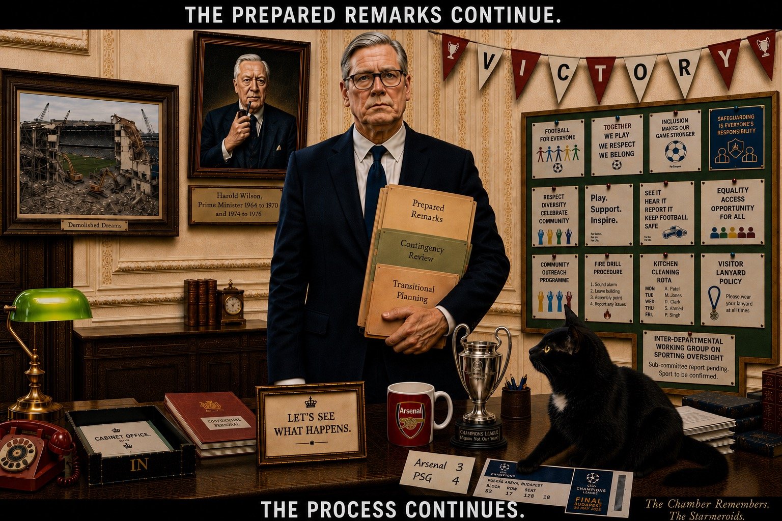 Top bar text: "THE PREPARED REMARKS CONTINUE." In the ministerial office after Arsenal's Champions League Final defeat, Keir Starmer stands expressionless holding folders labelled PREPARED REMARKS, CONTINGENCY REVIEW and TRANSITIONAL PLANNING. VICTORY bunting is still hanging. On the desk are an Arsenal mug, a miniature Champions League trophy, a score card reading ARSENAL 3 - PSG 4, a Puskas Arena Budapest ticket and a LET'S SEE WHAT HAPPENS sign. A portrait of Harold Wilson and the "Demolished Dreams" picture hang behind. Tac sits on the desk looking towards Keir Starmer. The noticeboard includes an INTER-DEPARTMENTAL WORKING GROUP ON SPORTING OVERSIGHT notice stating "Sub-committee report pending. Sport to be confirmed." Bottom bar text: "THE PROCESS CONTINUES."