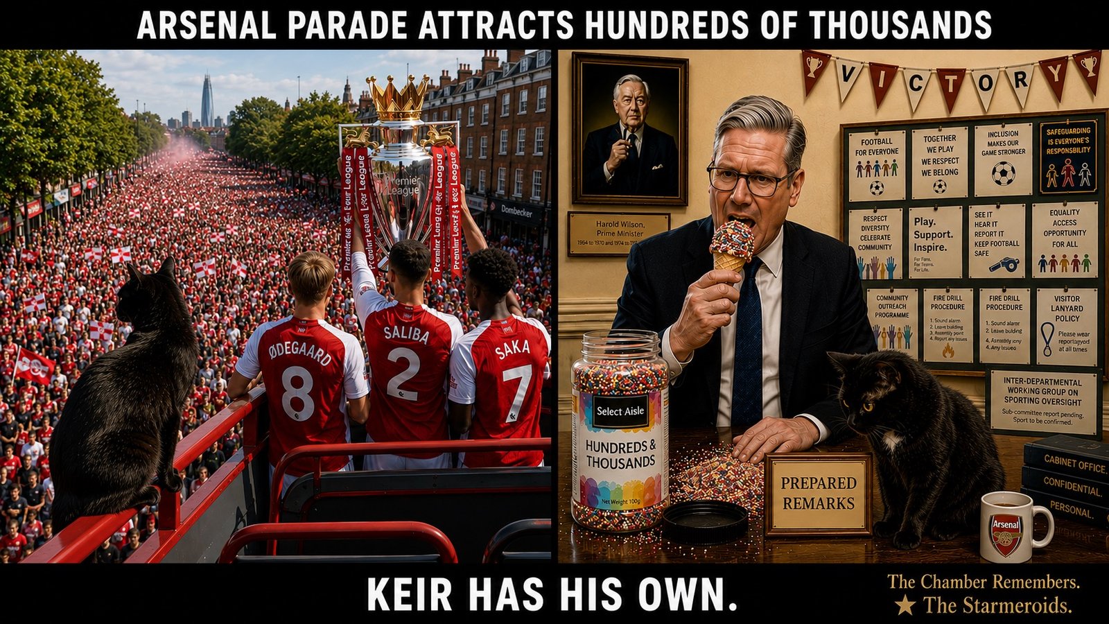 Top bar text: "ARSENAL PARADE ATTRACTS HUNDREDS OF THOUSANDS." The image is split into two panels. On the left, Arsenal's open-top Premier League trophy parade moves through Islington in front of a huge crowd dressed in red. Martin Odegaard, William Saliba and Bukayo Saka are visible on the bus with the trophy, and Tac sits on the bus railing watching the celebration. On the right, Keir Starmer sits in the familiar ministerial office eating an ice-cream cone covered in cake sprinkles. A jar beside him reads SELECT AISLE HUNDREDS AND THOUSANDS, and a PREPARED REMARKS nameplate, VICTORY bunting, Arsenal mug, Harold Wilson portrait and football-oversight noticeboard remain around him. A second Tac sits on the desk watching Keir Starmer. Bottom bar text: "KEIR HAS HIS OWN." INTERNAL CHECKS - NOT PUBLIC ALT TEXT Meme 4: the surviving records preserve the finished scene and the Balladeer's scroll text, but do not reliably preserve separate top and bottom caption bars. None have been invented. Meme 6: this is a character card rather than a standard caption-bar meme, so the card's visible character text is described directly. Meme 11: the surviving May records preserve the zoo scene and speech bubbles but do not preserve reliable top and bottom bar wording. Later zoo images use different bars and must not be substituted. None have been invented. Meme 10: the UK Trade Deals map contained generation geography errors. If the image is ever rebuilt or upscaled to 4K, check and correct the map rather than preserving those errors.