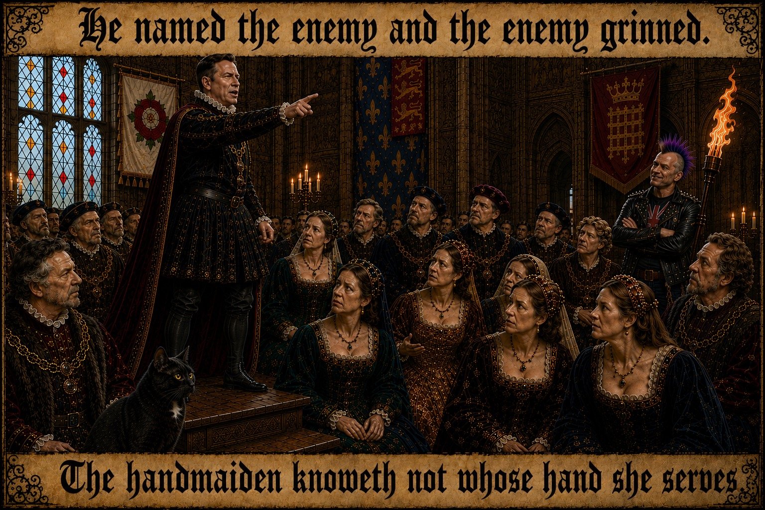Top bar text: "He named the enemy and the enemy grinned." In the Long Gallery Chamber, Wes Streeting points urgently across the room. Punk Farage, with his mohawk and leather jacket, smirks from the upper right while holding a burning torch. Tac sits at floor level on the left watching the confrontation. Bottom bar text: "The handmaiden knoweth not whose hand she serves."