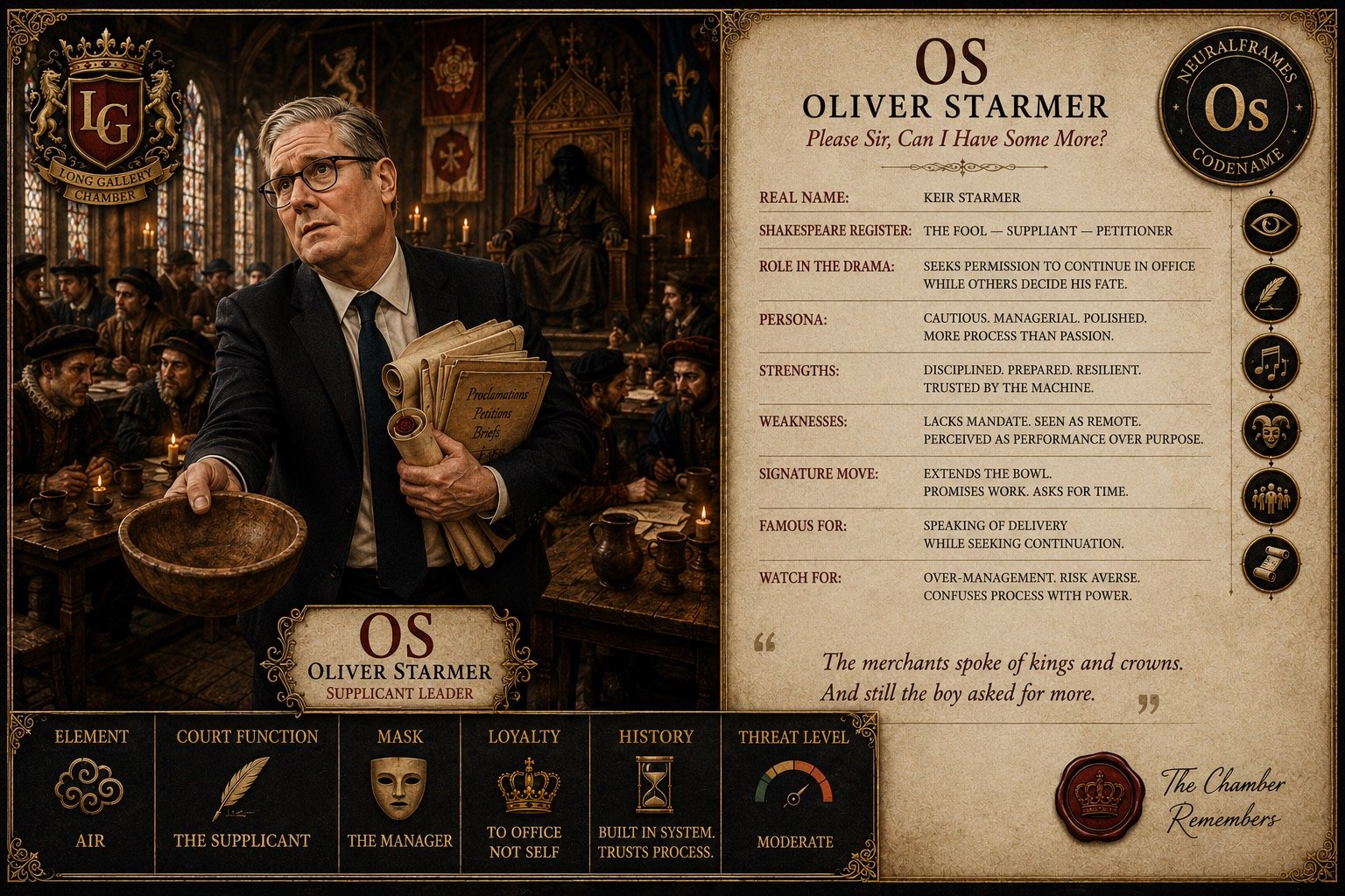 Character card text: "OS - OLIVER STARMER. THE SUPPLICANT LEADER." Keir Starmer appears in a modern suit inside a Tudor merchants' hall, deliberately out of period with his surroundings. He carries a begging bowl in one hand and papers labelled PROCLAMATIONS, PETITIONS and BRIEFS under his other arm. A partly obscured authority figure sits on a throne behind him. The card also describes him as "THE FOOL - SUPPLIANT - PETITIONER" and includes the line, "THE MERCHANTS SPOKE OF KINGS AND CROWNS. AND STILL THE BOY ASKED FOR MORE."