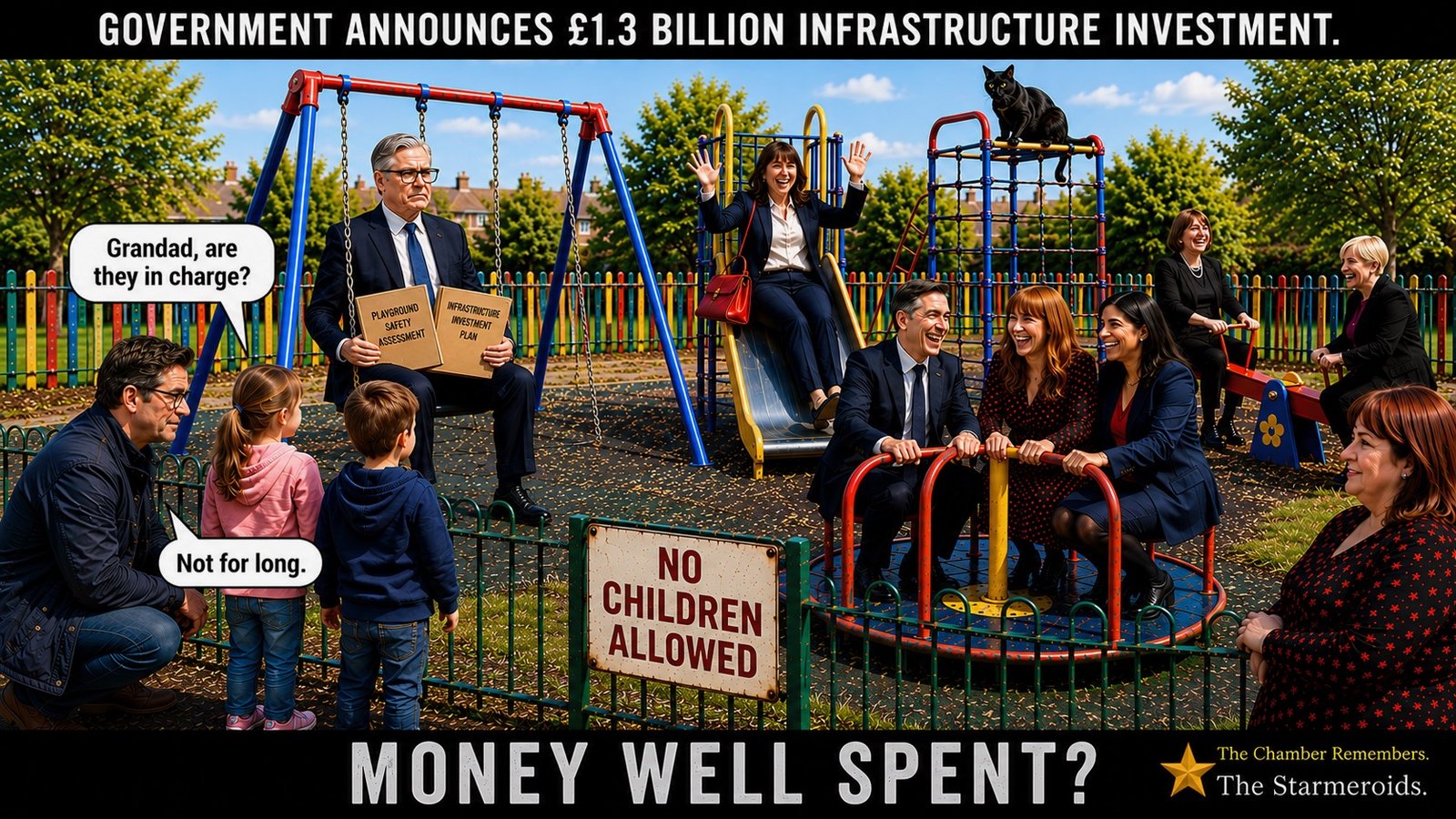 Top bar text: "GOVERNMENT ANNOUNCES £1.3 BILLION INFRASTRUCTURE INVESTMENT." On a children's playground in bright daylight, Keir Starmer sits alone on a swing holding folders labelled PLAYGROUND SAFETY ASSESSMENT and INFRASTRUCTURE INVESTMENT PLAN while the others play. Rachel Reeves is on the slide, and Wes Streeting, Angela Rayner and Lisa Nandy are laughing on the roundabout. The Eagle sisters sit together on a seesaw. A sign reads NO CHILDREN ALLOWED. Outside the fence, Andy Burnham crouches with his two fictional grandchildren. One asks, "GRANDAD, ARE THEY IN CHARGE?" Burnham replies, "NOT FOR LONG." Paula Barker stands separately outside the fence. Tac watches from the top of the climbing frame. Bottom bar text: "MONEY WELL SPENT?"