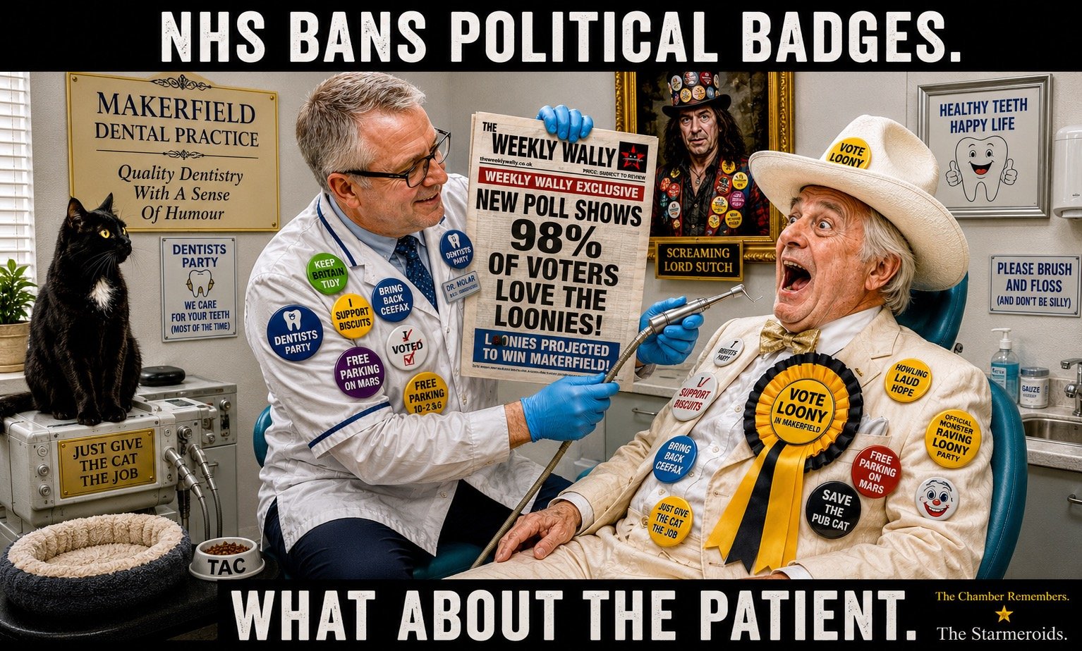 Top bar text: "NHS BANS POLITICAL BADGES." Inside Makerfield Dental Practice, Howling Laud Hope sits delighted in the dental chair wearing a white Stetson, cream suit and large yellow-and-black rosette. The dentist, whose nameplate reads DR MOLAR and who wears a Dentists Party rosette, holds up The Weekly Wally with the headline NEW POLL SHOWS 98 PERCENT OF VOTERS LOVE THE LOONIES and the subhead LOONIES PROJECTED TO WIN MAKERFIELD. Both men are covered in absurd political badges, including BRING BACK CEEFAX, I SUPPORT BISCUITS, FREE PARKING ON MARS, SAVE THE PUB CAT and JUST GIVE THE CAT THE JOB. A framed portrait of Screaming Lord Sutch hangs on the wall. Tac sits on the dental equipment looking towards the action, ignoring his bed and food bowl on the floor. Bottom bar text: "WHAT ABOUT THE PATIENT."