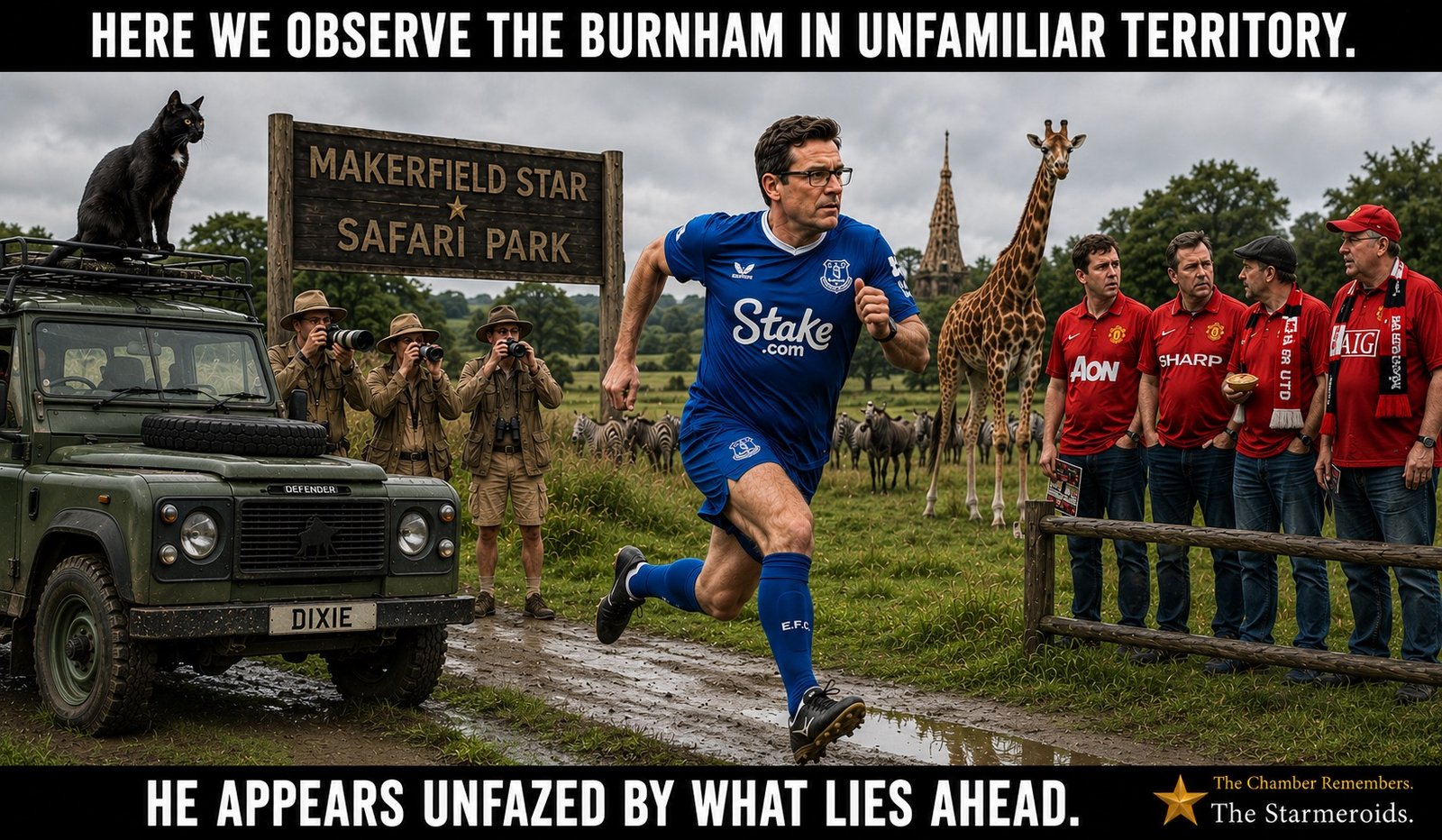 Top bar text: "HERE WE OBSERVE THE BURNHAM IN UNFAMILIAR TERRITORY." At the entrance to the fictional Makerfield Star Safari Park, Andy Burnham appears in an Everton away kit carrying his familiar folders, presented in the style of a nature documentary observing a political specimen outside Westminster. The scene contains the recurring LOONY 1 vehicle detail and a DIXIE reference to Everton legend Dixie Dean. Tac watches from a window. Bottom bar text: "HE APPEARS TO BE PREPARING FOR SOMETHING."