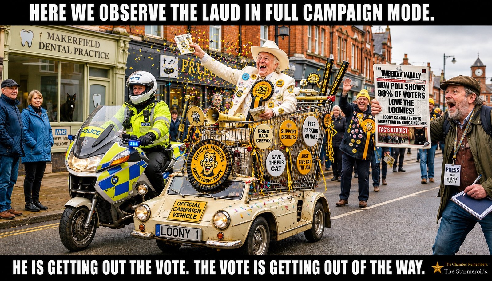 Top bar text: "HERE WE OBSERVE THE LAUD IN FULL CAMPAIGN MODE." On Makerfield high street, Howling Laud Hope rides in a shopping trolley mounted on a small campaign vehicle with the number plate LOONY 1 and a sign reading OFFICIAL CAMPAIGN VEHICLE. A police motorcycle outrider escorts him through confetti and a cheering crowd. The trolley is decorated with badges including BRING BACK CEEFAX, SUPPORT BISCUITS, FREE PARKING ON MARS, SAVE THE PUB CAT and JUST GIVE CAT THE JOB. The Makerfield Dental Practice is visible behind, with Tac sitting in its window. Someone in the crowd holds The Weekly Wally with the headline NEW POLL SHOWS 98 PERCENT OF VOTERS LOVE THE LOONIES. A Weekly Wally press figure watches from the right. Bottom bar text: "HE IS GETTING OUT THE VOTE. THE VOTE IS GETTING OUT OF THE WAY."