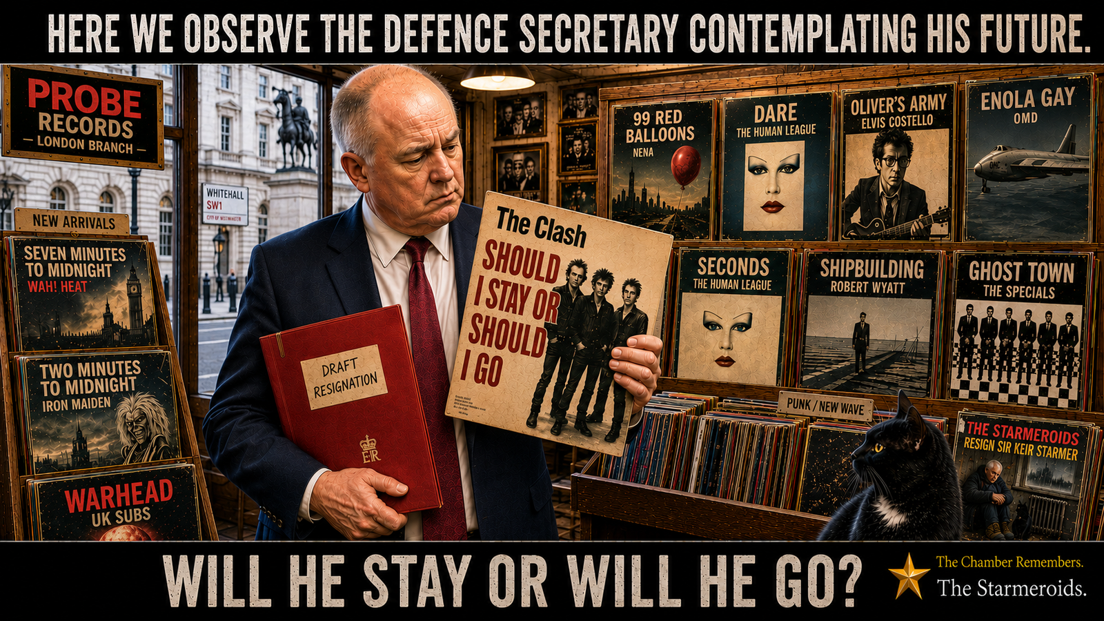 Top bar text: "HERE WE OBSERVE THE DEFENCE SECRETARY CONTEMPLATING HIS FUTURE." In the London branch of Probe Records, Defence Secretary John Healey stands holding The Clash's Should I Stay or Should I Go while clutching a red folder labelled DRAFT RESIGNATION. Through the shop window, a WHITEHALL SW1 street sign is visible. The surrounding record display includes Seven Minutes to Midnight, Two Minutes to Midnight, Warhead, 99 Red Balloons, Dare, Oliver's Army, Enola Gay, Seconds, Shipbuilding and Ghost Town. Tac sits beside a Starmeroids sleeve titled RESIGN SIR KEIR STARMER and looks towards Healey. Bottom bar text: "WILL HE STAY OR WILL HE GO?"