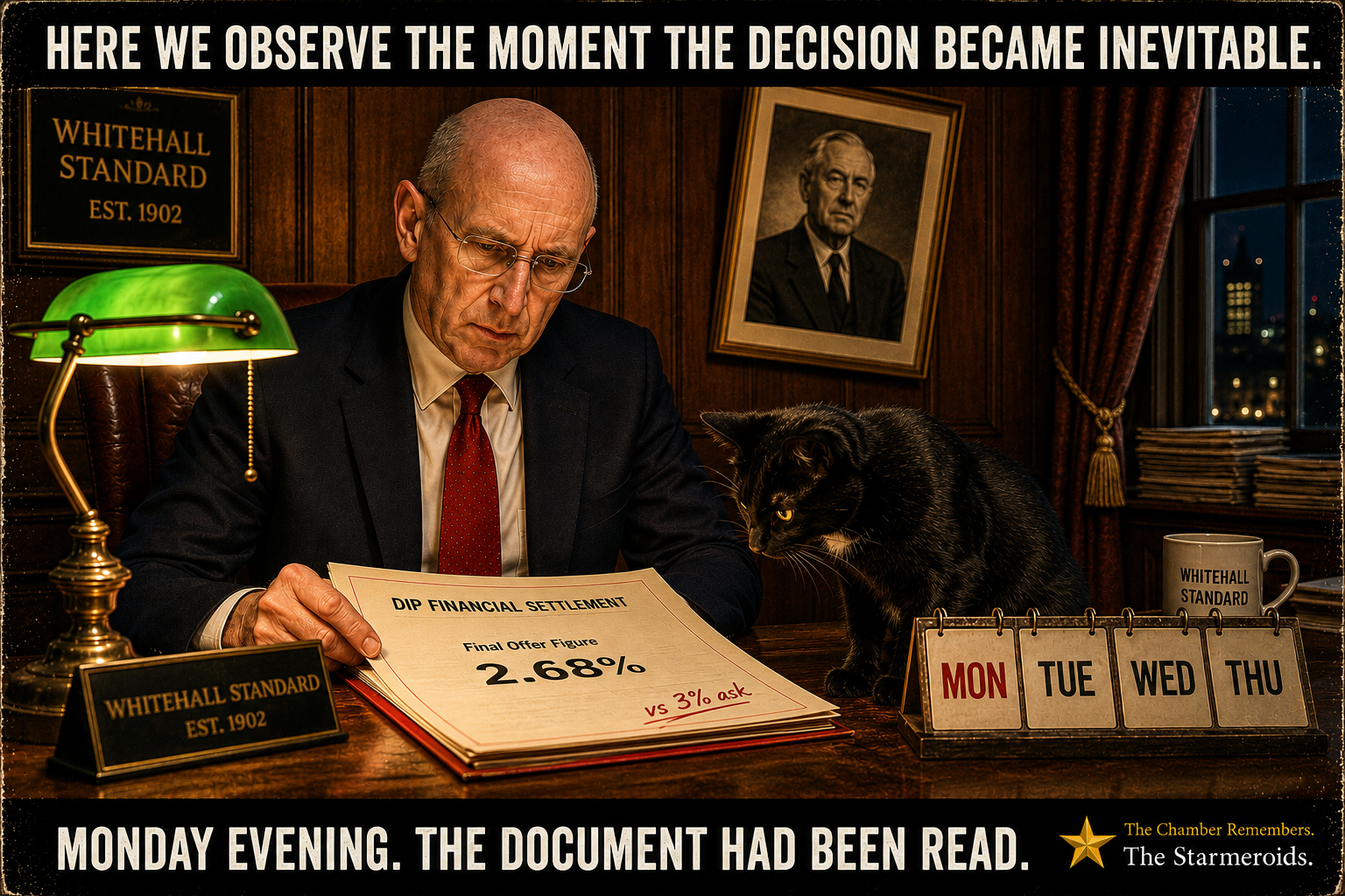 Top bar text: "HERE WE OBSERVE THE MOMENT THE DECISION BECAME INEVITABLE." At a dark wood-panelled WHITEHALL STANDARD desk on Monday evening, John Healey studies a document headed DIP FINANCIAL SETTLEMENT. The page shows Final Offer Figure 2.68%, with a handwritten note beneath it reading "vs 3% ask." Tac stands on the desk beside the papers, looking down towards the document. A desk calendar displays MON, TUE, WED, THU, with Monday highlighted. Bottom bar text: "MONDAY EVENING. THE DOCUMENT HAD BEEN READ."