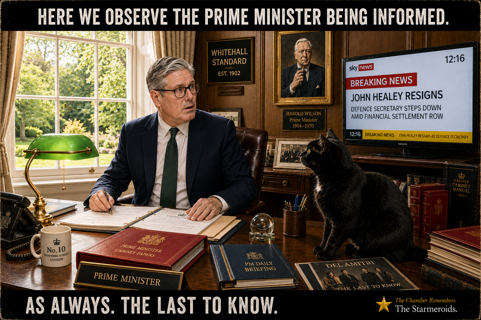 Top bar text: "HERE WE OBSERVE THE PRIME MINISTER BEING INFORMED." In a traditional Number 10 study, Keir Starmer sits at his desk and looks towards a television carrying a breaking-news report: JOHN HEALEY RESIGNS - DEFENCE SECRETARY STEPS DOWN AMID FINANCIAL SETTLEMENT ROW. The screen time is 12:16. A framed portrait of Harold Wilson hangs behind him, along with a WHITEHALL STANDARD sign. Papers and official folders cover the desk, including PRIME MINISTER CABINET PAPERS and PM DAILY BRIEFING. Tac sits on the desk looking towards Keir Starmer. In the foreground lies Del Amitri's The Last to Know. Bottom bar text: "AS ALWAYS. THE LAST TO KNOW."