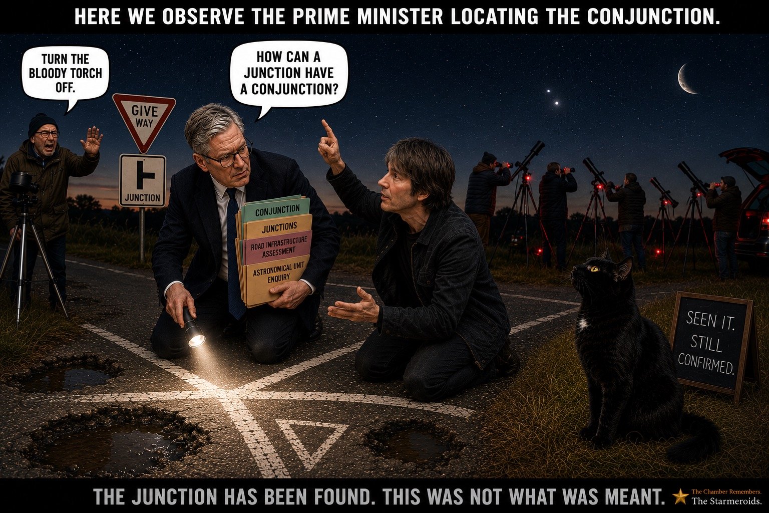 Top bar text: "VENUS AND JUPITER IN CONJUNCTION TONIGHT." At a road junction at night, Keir Starmer stands with a torch looking around as though searching for the place where Venus and Jupiter are supposed to meet. A Give Way sign and potholes are visible in the road. Tac sits nearby with a chalkboard reading SEEN IT. STILL CONFIRMED. Bottom bar text: "SOME ASSEMBLY REQUIRED."