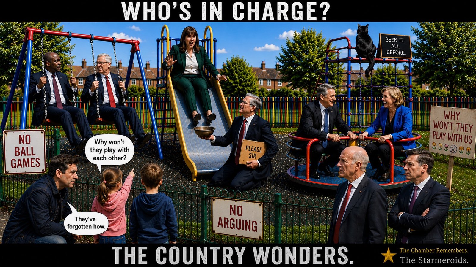 Top bar text: "THE DEFENCE INVESTMENT PLAN." On a school playground, Keir Starmer kneels at the bottom of a slide holding a begging bowl and a folder marked PLEASE SIR, while Rachel Reeves sits at the top of the slide. Outside the fence, Andy Burnham watches with his two fictional grandchildren. Tac sits on the climbing frame beside a chalkboard reading SEEN IT. ALL BEFORE. Bottom bar text: "SOME NEGOTIATIONS ARE ONGOING."