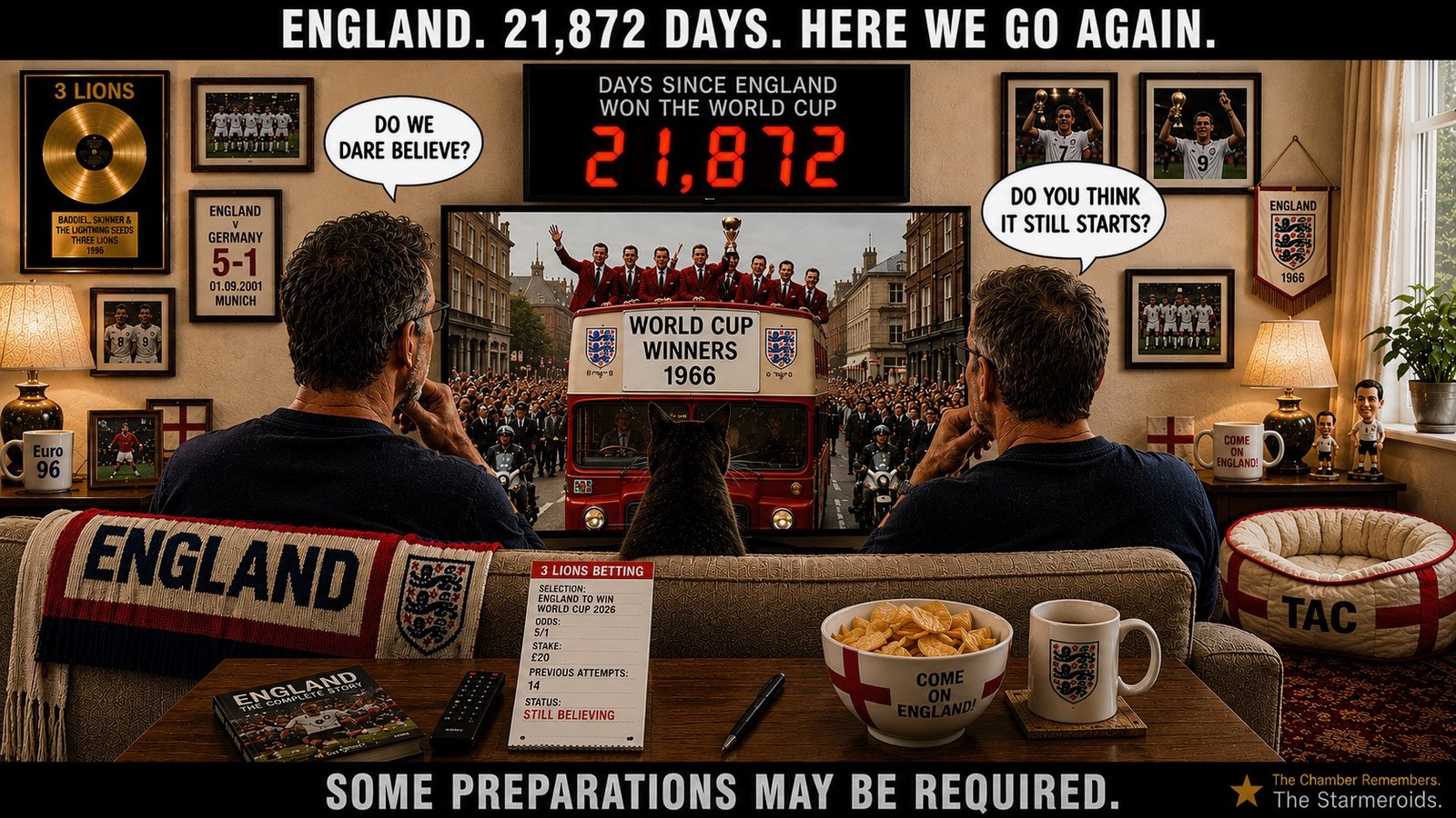 Top bar text: "ENGLAND. 21,872 DAYS. HERE WE GO AGAIN." In the England sofa room, David Baddiel sits on the left and Frank Skinner on the right, seen from behind. Baddiel says, "DO WE DARE BELIEVE?" Skinner replies, "DO YOU THINK IT STILL STARTS?" The television shows the 1966 World Cup victory parade bus. Above it, the counter reads 21,872 days since England won the World Cup. A Three Lions gold disc hangs on the wall. A betting slip reads ENGLAND TO WIN WORLD CUP 2026, ODDS 5/1, STAKE £20, PREVIOUS ATTEMPTS 14, STATUS STILL BELIEVING. Tac sits on the sofa back, while an unused England-themed cat bed marked TAC is nearby. Bottom bar text: "SOME PREPARATIONS MAY BE REQUIRED."