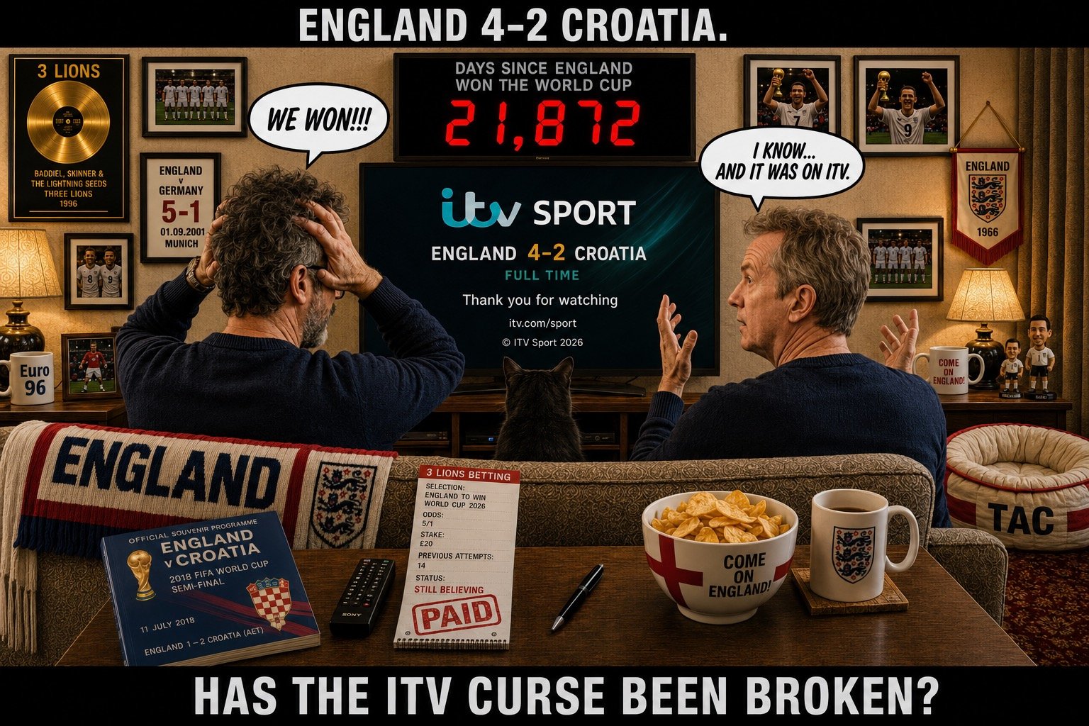 Top bar text: "ENGLAND 4-2 CROATIA." In the England sofa room, David Baddiel sits on the left and Frank Skinner on the right, both reacting to the television. Baddiel, with his hands to his head, says, "WE WON!!!" Skinner throws his arms wide and replies, "I KNOW... AND IT WAS ON ITV." The television shows full time, England 4-2 Croatia. A programme on the table recalls England's 1-2 extra-time defeat to Croatia in the 2018 World Cup semi-final at the Luzhniki Stadium. The STILL BELIEVING betting slip is stamped PAID, and Tac sits between them watching the screen. Bottom bar text: "HAS THE ITV CURSE BEEN BROKEN."