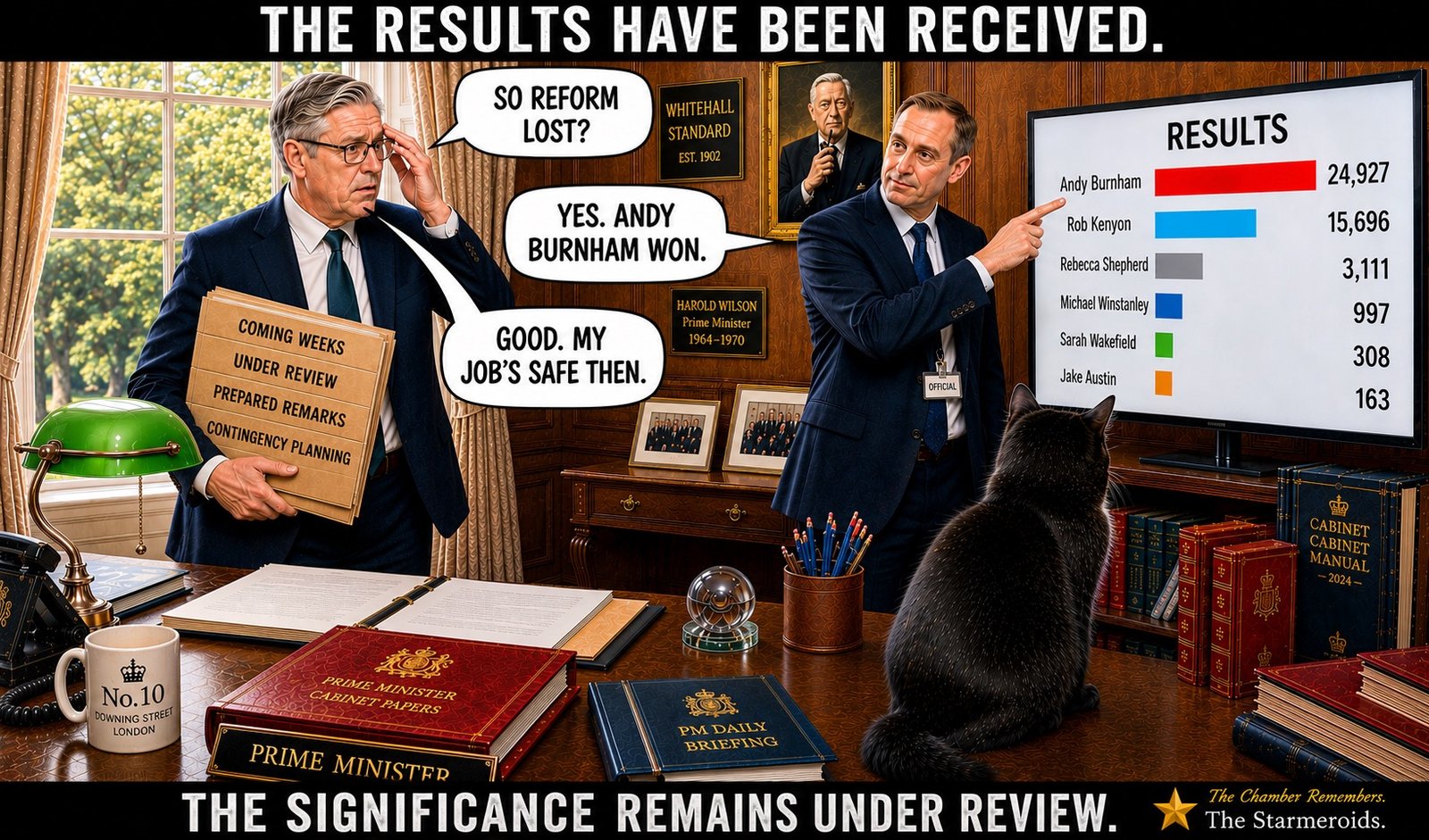 Top bar text: "THE RESULTS HAVE BEEN RECEIVED." In a Number 10 office, Keir Starmer stands with an official while Tac watches the results screen. Keir Starmer asks, "SO REFORM LOST?" The official replies, "YES. ANDY BURNHAM WON." Keir Starmer answers, "GOOD. MY JOB'S SAFE THEN." The results graphic shows the Makerfield candidates and vote totals. Bottom bar text: "THE SIGNIFICANCE REMAINS UNDER REVIEW."