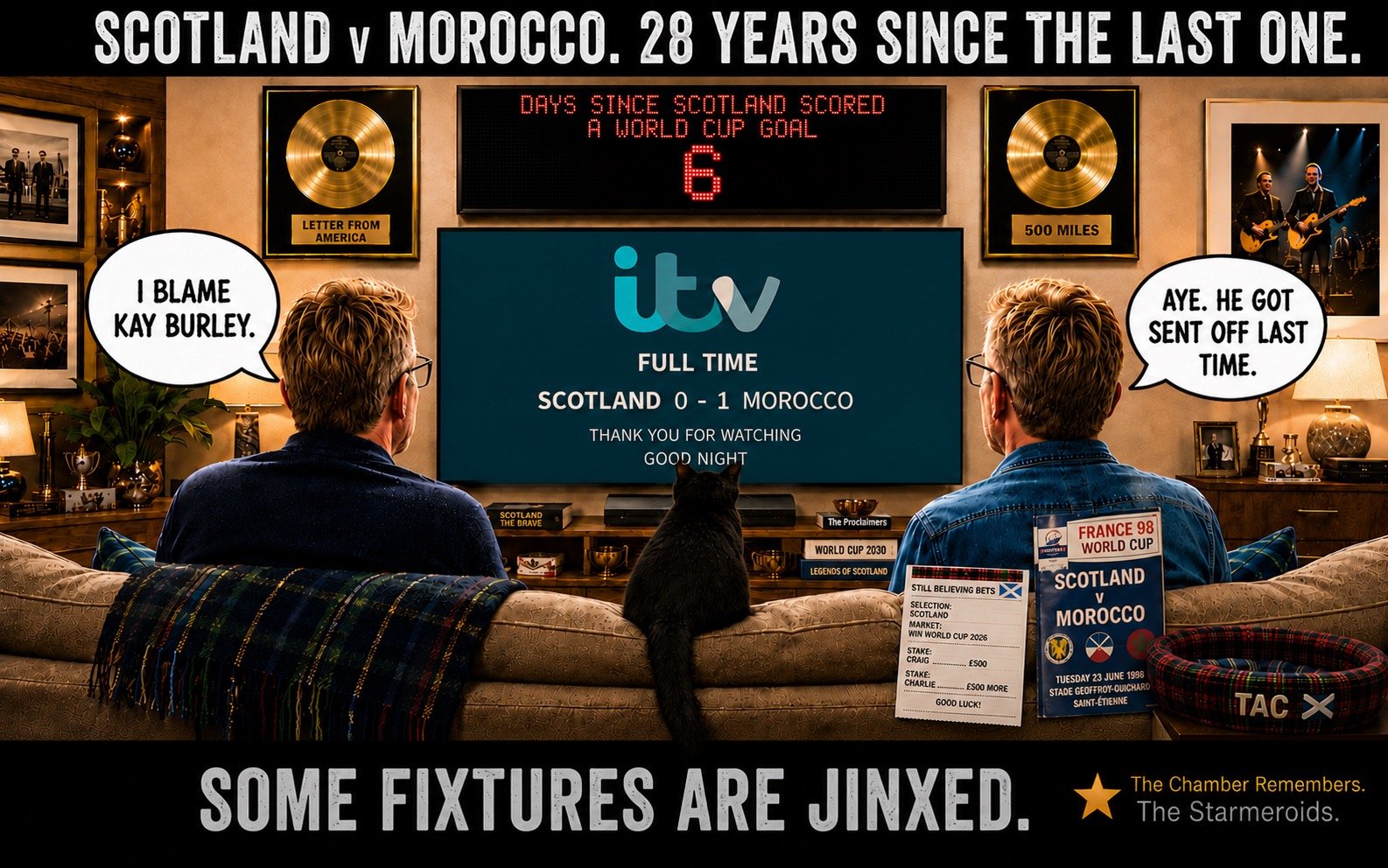 Top bar text: "SCOTLAND v MOROCCO. 28 YEARS SINCE THE LAST ONE." In the Scotland sofa room, Craig Reid and Charlie Reid are seen from behind with Tac sitting between them on the sofa back. Craig says, "I BLAME KAY BURLEY." Charlie replies, "AYE. HE GOT SENT OFF LAST TIME." The television shows full time, Scotland 0-1 Morocco. Above it, the counter reads DAYS SINCE SCOTLAND SCORED A WORLD CUP GOAL: 6. Gold discs for Letter From America and 500 Miles hang on the wall. A France 98 Scotland v Morocco programme and a STILL BELIEVING BETS slip are visible. Bottom bar text: "SOME FIXTURES ARE JINXED."