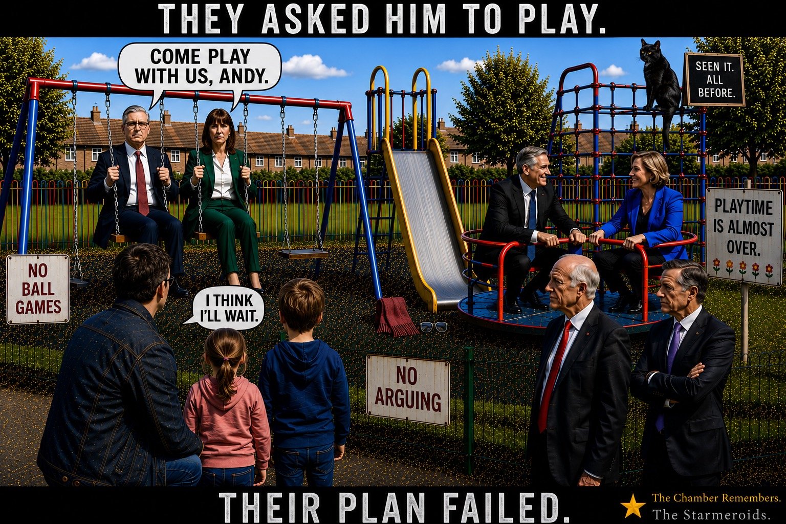 Top bar text: "THEY ASKED HIM TO PLAY." On a bright council-estate playground, Keir Starmer and Rachel Reeves sit side by side on the swings and say together, "COME PLAY WITH US, ANDY," posed in the style of the Grady sisters from The Shining. Wes Streeting and Bridget Phillipson are on the roundabout nearby. Outside the fence stand the two men who resigned over defence spending, their arms folded. Andy Burnham crouches beside the fence with his back to the viewer, talking to his two fictional grandchildren. He replies, "I THINK I'LL WAIT." Tac sits on the climbing frame beside a sign reading SEEN IT ALL BEFORE. Another sign reads PLAYTIME IS ALMOST OVER. A scarf and a pair of glasses lie at the base of the slide. Bottom bar text: "THEIR PLAN FAILED."