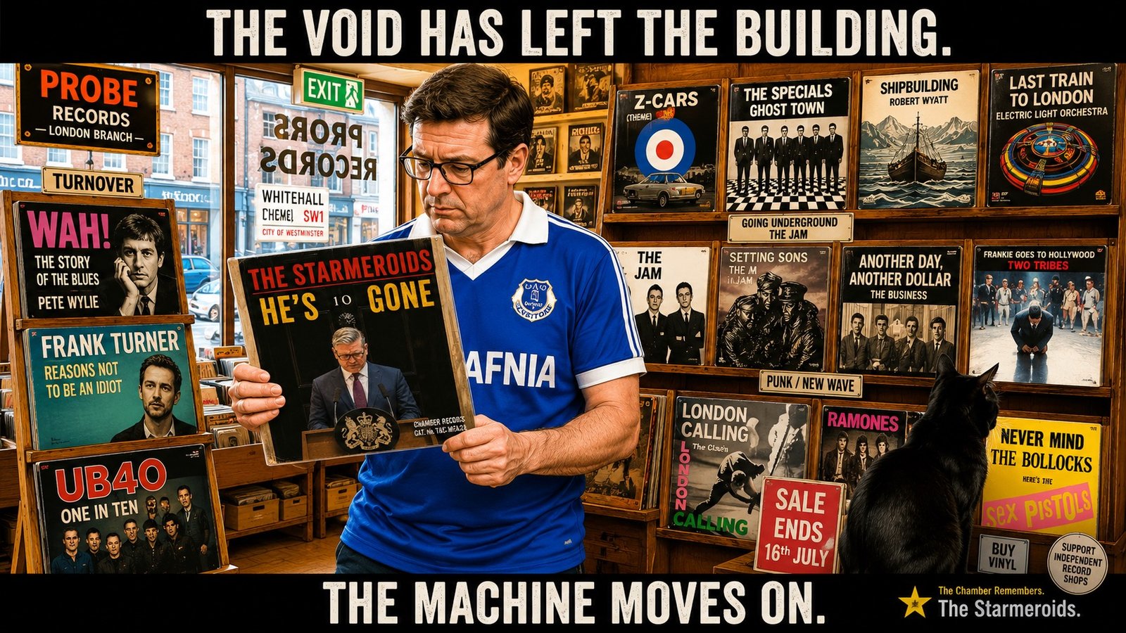 Top bar text: "THE VOID HAS LEFT THE BUILDING." In Probe Records, Andy Burnham, wearing a blue Everton Hafnia shirt, holds the cover of The Starmeroids' "He's Gone" and studies it with a thoughtful expression. Nearby records include David Bowie's Changes, Sam Cooke's A Change Is Gonna Come and M People's Moving On Up. A TURNOVER rack contains records including The Story of the Blues, Reasons Not to Be an Idiot and One in Ten. A sale sign reads SALE ENDS 16th JULY. Tac is in the bottom right-hand corner looking at Never Mind the Bollocks, Here's the Sex Pistols, which is propped up against the wall in the corner. Bottom bar text: "THE MACHINE MOVES ON."