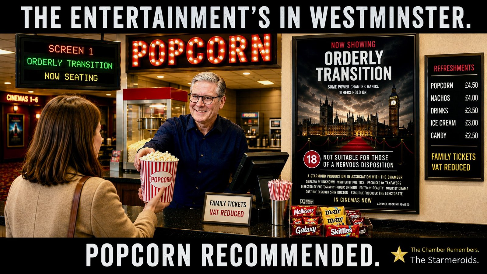Top bar text: "THE ENTERTAINMENT'S IN WESTMINSTER." At a cinema concession counter, Keir Starmer stands behind the counter serving popcorn to a customer. A digital sign reads SCREEN 1, ORDERLY TRANSITION, NOW SEATING. A cinema poster advertises ORDERLY TRANSITION with the line "Some power changes hands. Others hold on," an 18 certificate and the warning NOT SUITABLE FOR THOSE OF A NERVOUS DISPOSITION. Its mock credits include Written By Politics, Produced By Taxpayers, Director Of Photography Public Opinion, Edited By Reality and Executive Producer The Electorate. A refreshments board, confectionery and a FAMILY TICKETS VAT REDUCED sign are also visible. Bottom bar text: "POPCORN RECOMMENDED."