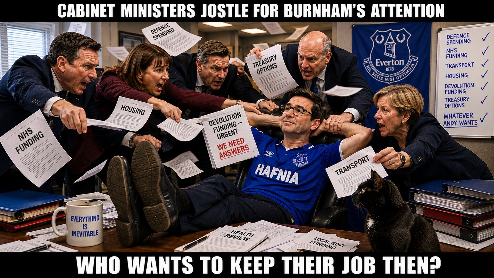 Top bar text: "CABINET MINISTERS JOSTLE FOR BURNHAM'S ATTENTION." In an office, six cabinet figures crowd around Andy Burnham as he reclines in a chair wearing a blue Everton Hafnia shirt, with his feet on the desk. They thrust papers towards him labelled DEFENCE SPENDING, NHS FUNDING, TRANSPORT, HOUSING, DEVOLUTION FUNDING, URGENT - WE NEED ANSWERS and TREASURY OPTIONS. An Everton crest banner hangs on the wall. A whiteboard lists the same policy areas, all ticked, ending with WHATEVER ANDY WANTS, also ticked. A mug reads EVERYTHING IS INEVITABLE. Tac sits on the desk among the papers. Bottom bar text: "WHO WANTS TO KEEP THEIR JOB THEN?"