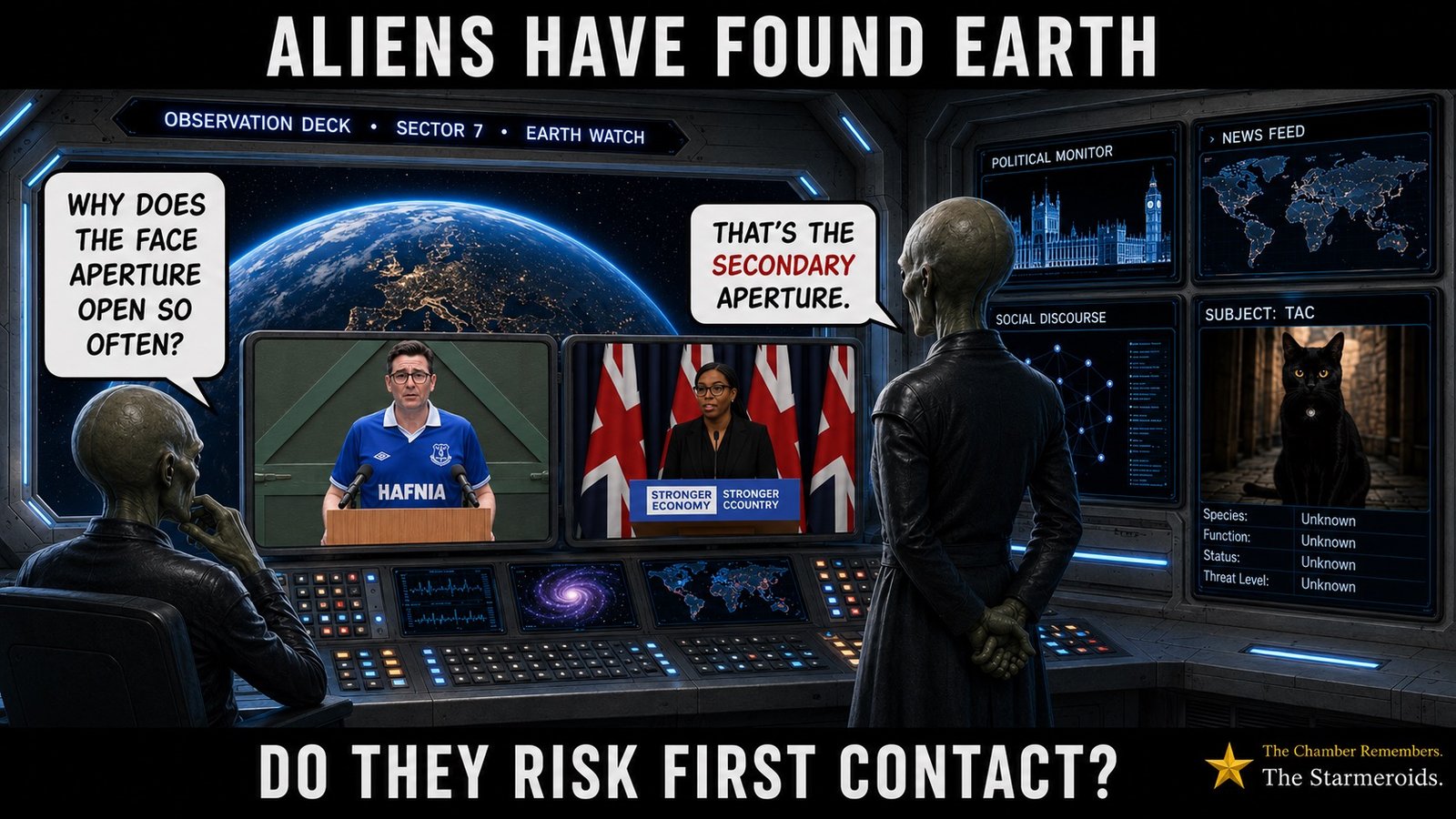 Top bar text: "ALIENS HAVE FOUND EARTH." In the Observation Room, two aliens sit at monitoring consoles. The left monitor shows Andy Burnham at a podium in a blue Everton Hafnia shirt, while the right monitor shows Kemi Badenoch at a podium with Union flags behind her and a STRONGER ECONOMY STRONGER COUNTRY banner. Panels labelled Political Monitor, News Feed, Social Discourse and Subject Tac are visible. Alien 1 asks, "WHY DOES THE FACE APERTURE OPEN SO OFTEN?" Alien 2 replies, "THAT'S THE SECONDARY APERTURE." Bottom bar text: "DO THEY RISK FIRST CONTACT?"
