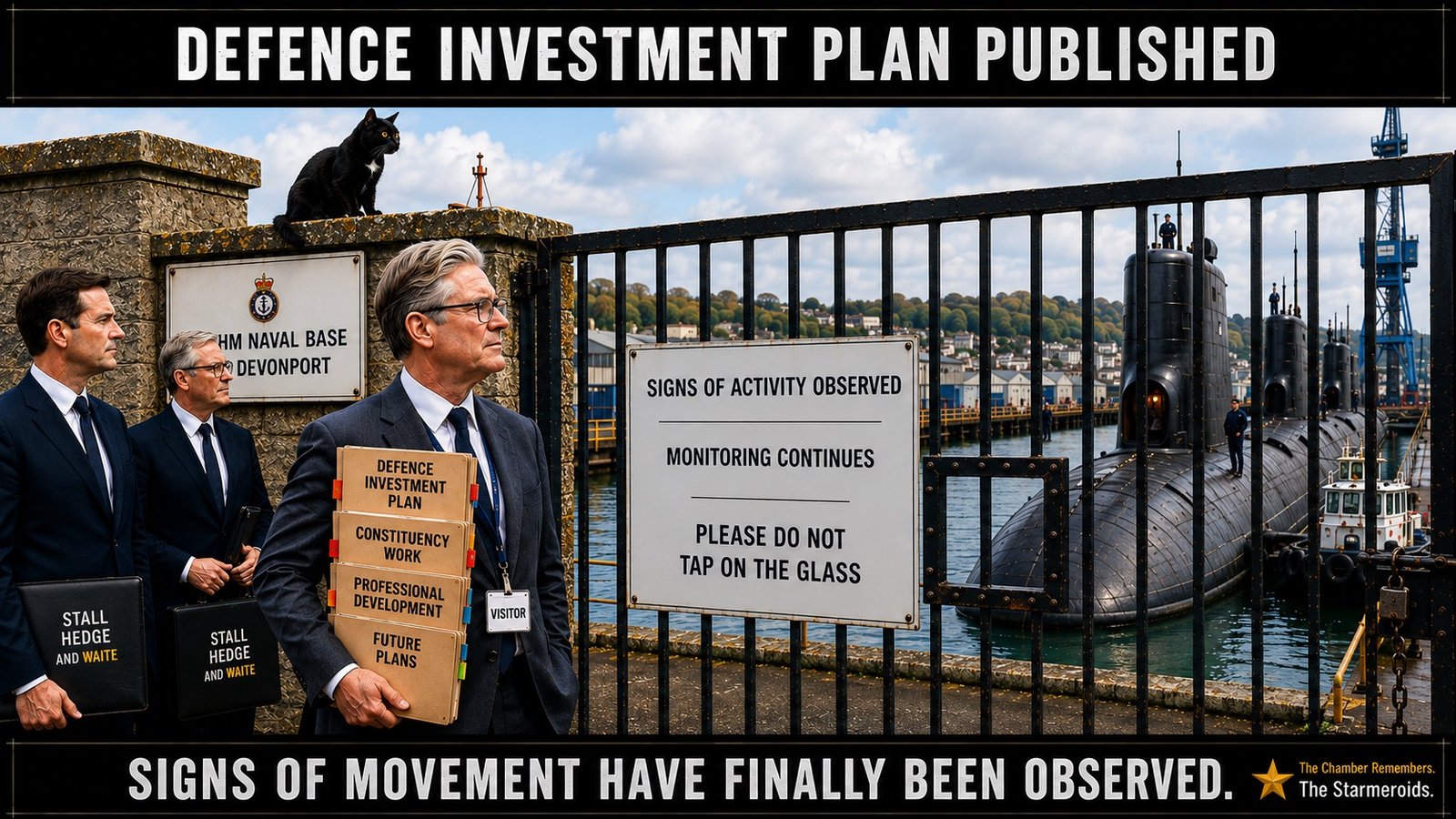 Top bar text: "DEFENCE INVESTMENT PLAN PUBLISHED." At a naval-base gate, Keir Starmer stands in front carrying folders labelled DEFENCE INVESTMENT PLAN, CONSTITUENCY WORK, PROFESSIONAL DEVELOPMENT and FUTURE PLANS. Behind him are two solicitors carrying Stall Hedge and Waite branded folders. Tac sits on the gate pillar. A sign beside the entrance reads SIGNS OF ACTIVITY OBSERVED, MONITORING CONTINUES, PLEASE DO NOT TAP ON THE GLASS. Submarines are visible through the gate. Bottom bar text: "SIGNS OF MOVEMENT HAVE FINALLY BEEN OBSERVED."