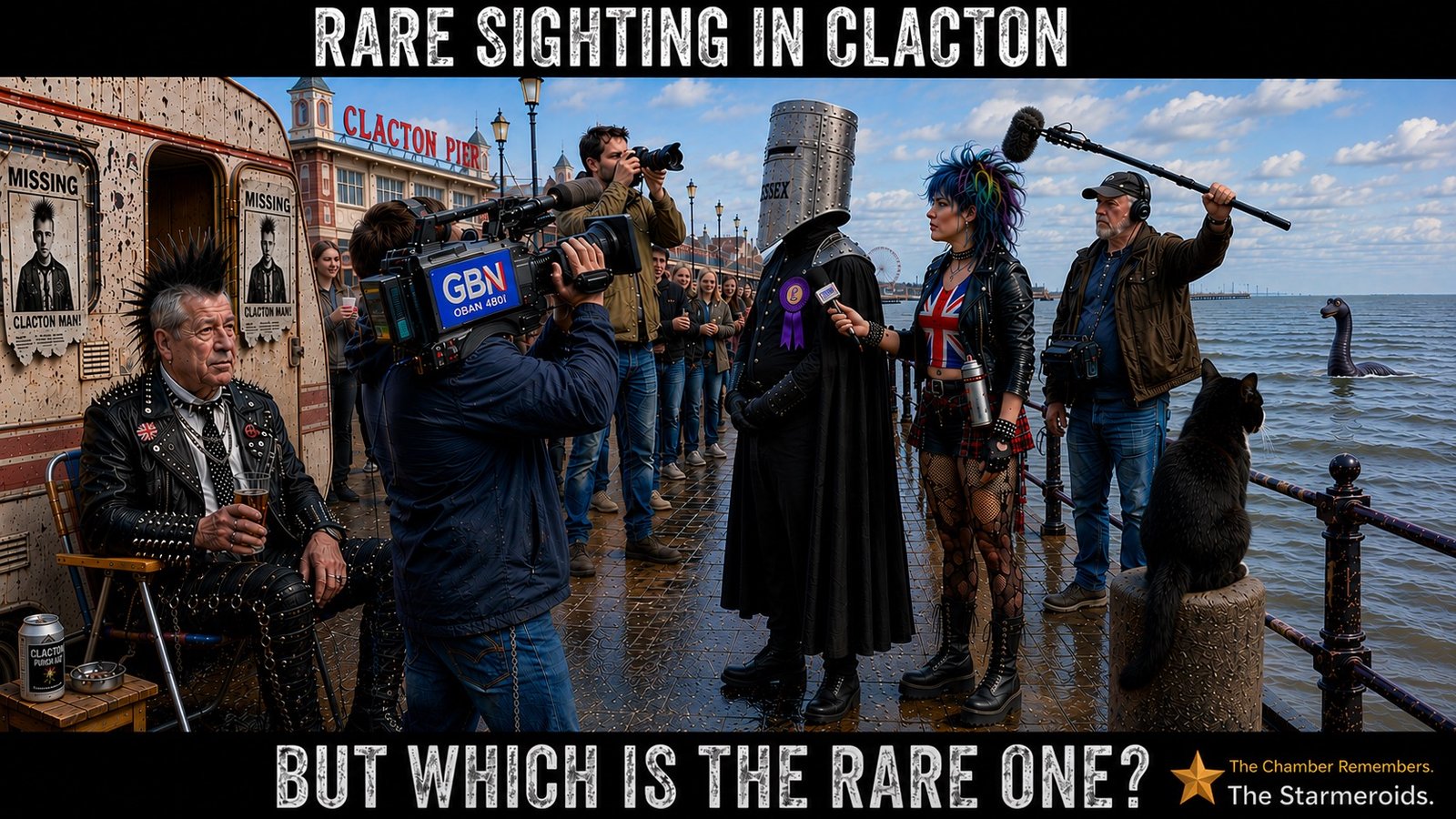Top bar text: "RARE SIGHTING IN CLACTON." On Clacton seafront beside the pier, Count Binface is being interviewed by Roxy Ozone while a GBN camera crew and photographer record the scene. Punk Farage sits to the left beside a battered caravan covered with "MISSING - CLACTON MAN!" posters, holding a pint. Tac sits on a bollard at the right looking out to sea, where Nessie is surfacing offshore. Bottom bar text: "BUT WHICH IS THE RARE ONE?"