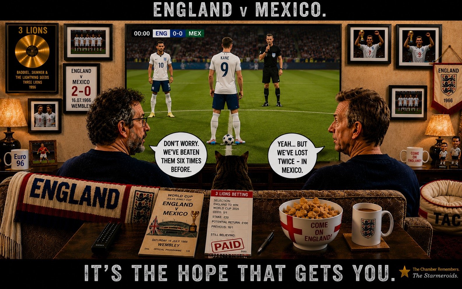 Top bar text: "ENGLAND v MEXICO." In the established England sofa room, two supporters watch the pre-match television coverage against Mexico. The screen shows players and a referee on the pitch. One supporter says, "DON'T WORRY, WE'VE BEATEN THEM SIX TIMES BEFORE." The other replies, "YEAH, BUT WE'VE LOST TWICE - IN MEXICO." Bottom bar text: "IT'S THE HOPE THAT GETS YOU."