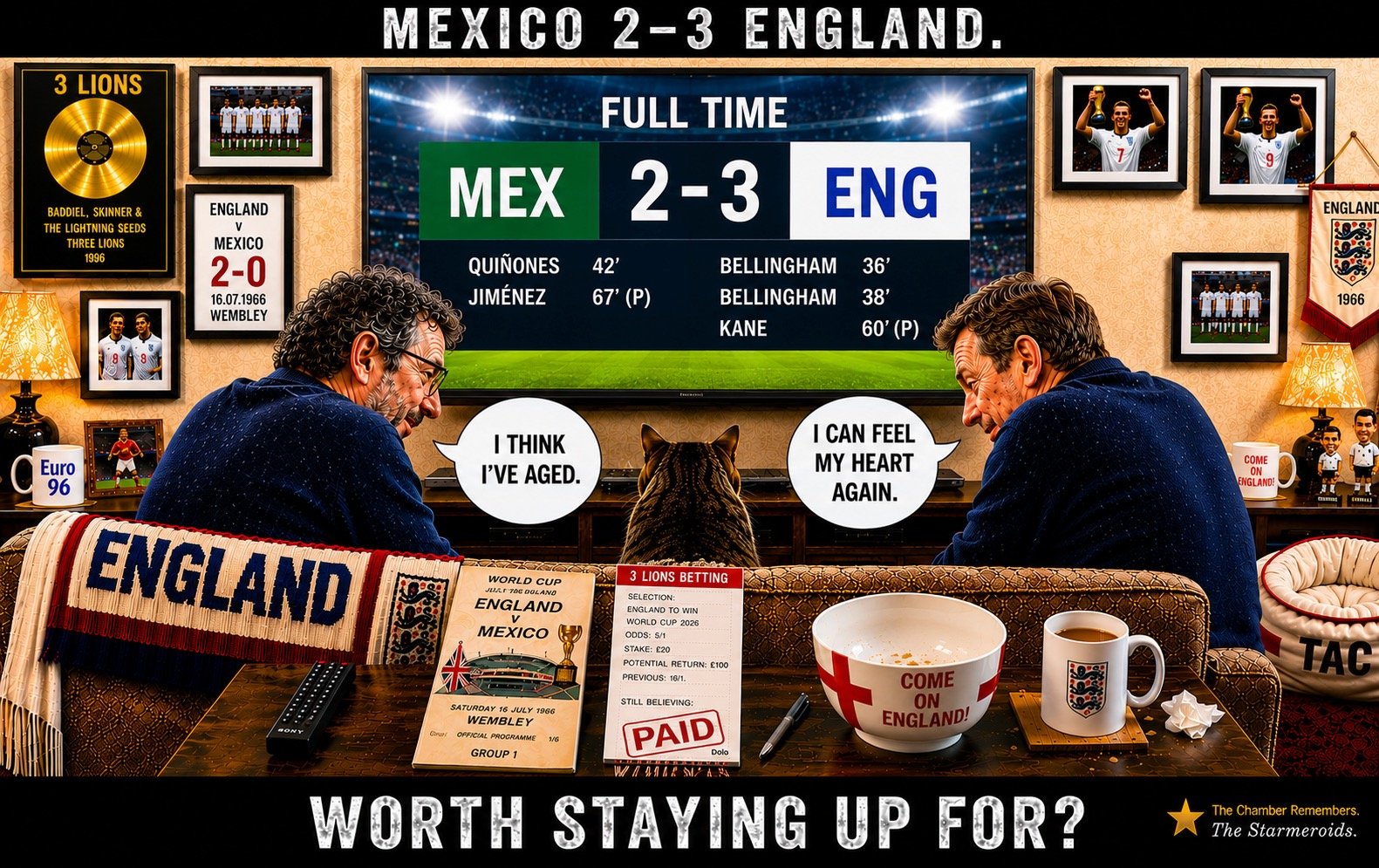Top bar text: "MEXICO 2-3 ENGLAND." In the established England sofa room, two supporters watch the full-time television graphic after England beat Mexico 3-2. The screen lists the scorers and the recurring England room details remain in place. One supporter says, "I THINK I'VE AGED." The other replies, "I CAN FEEL MY HEART AGAIN." Bottom bar text: "WORTH STAYING UP FOR?"