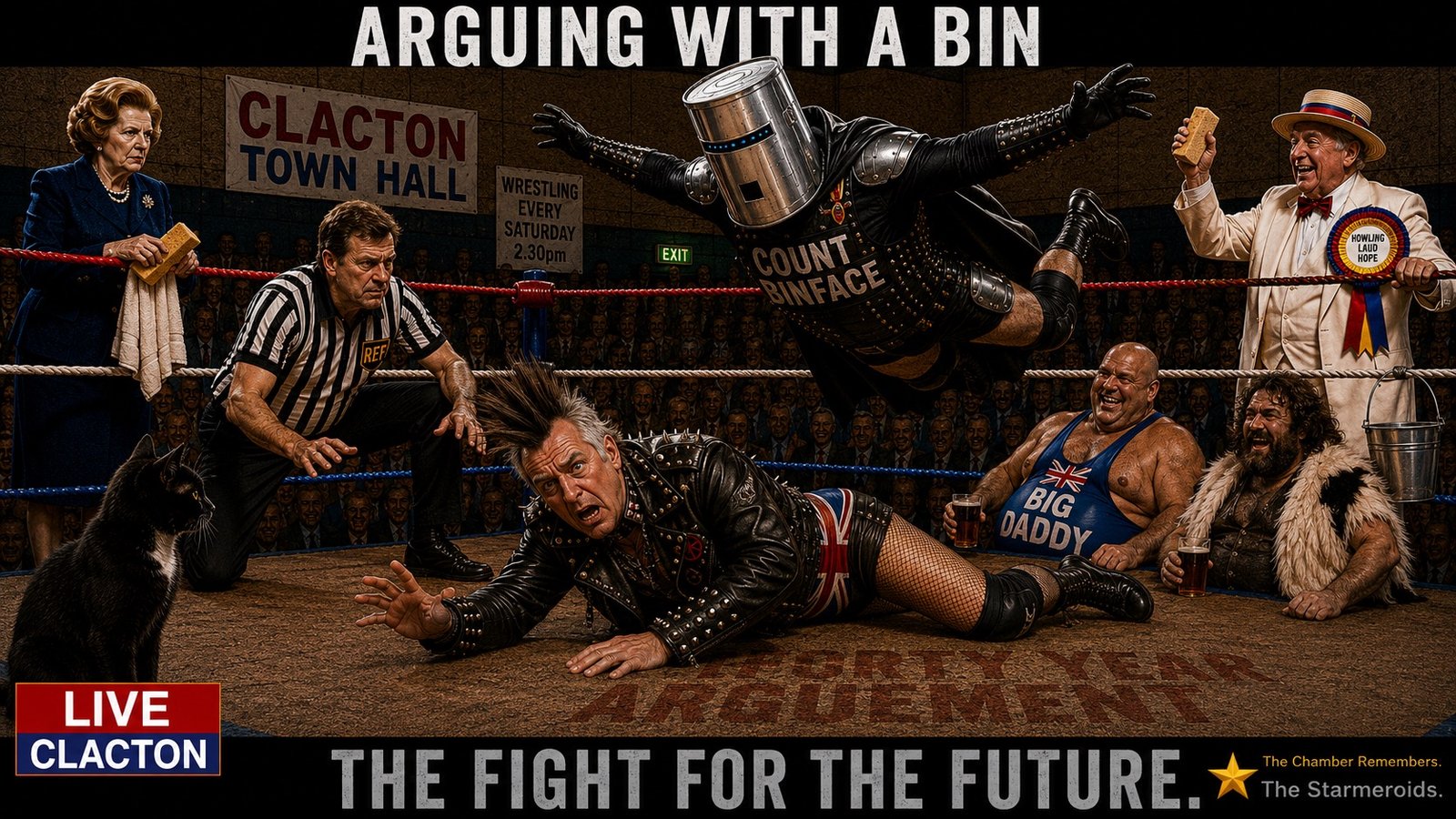 Top bar text: "ARGUING WITH A BIN." In a wrestling ring set up in Clacton Town Hall, Punk Farage grapples on the mat with Count Binface while a referee watches. Spectators and political characters surround the ring, including a man holding a "BIG DADDY" sign. A LIVE CLACTON graphic appears at lower left. Bottom bar text: "THE FIGHT FOR THE FUTURE."