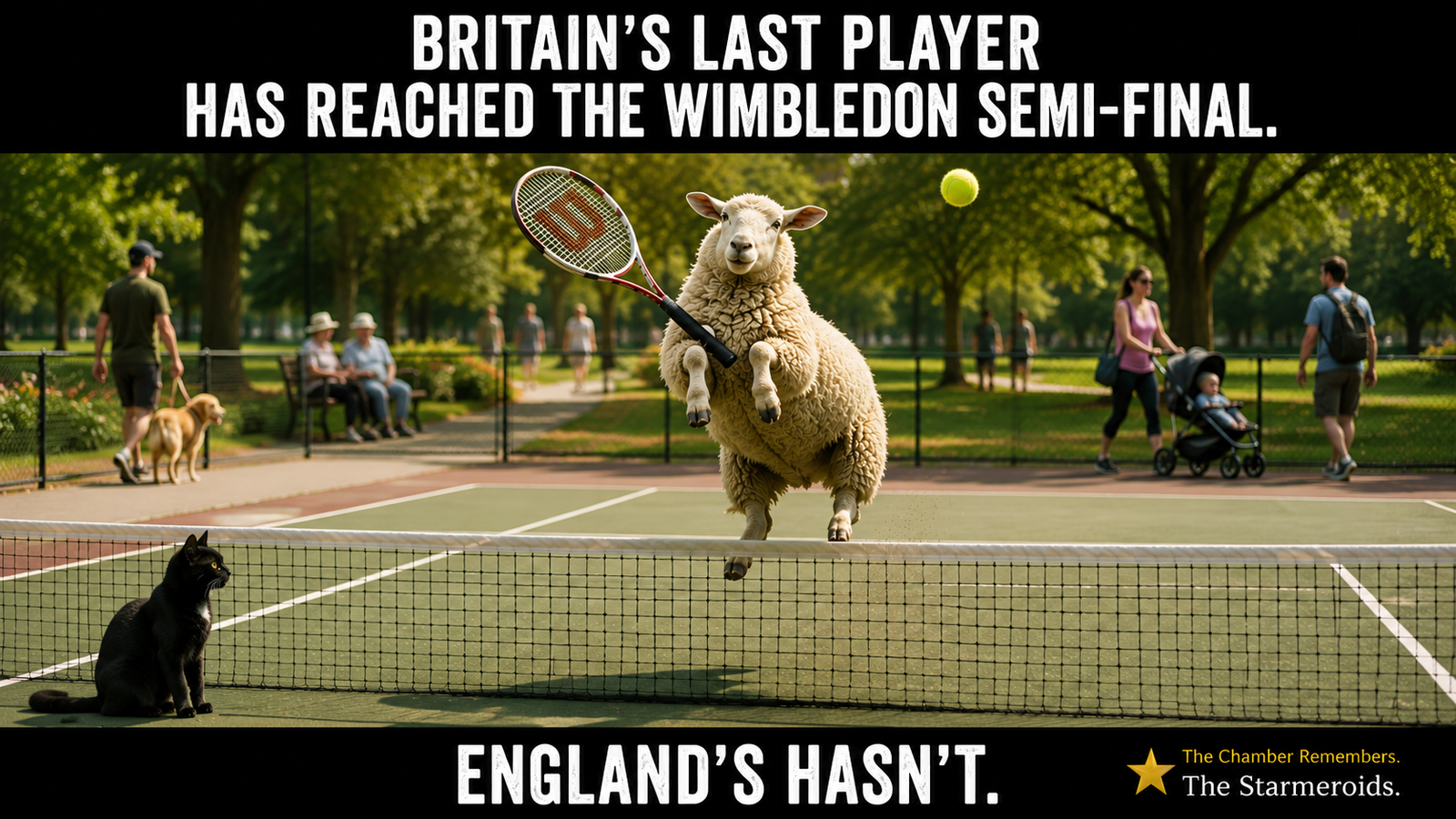 Top bar text: "BRITAIN'S LAST PLAYER HAS REACHED THE WIMBLEDON SEMI-FINAL." On a park tennis court, a sheep leaps at the net to return a yellow tennis ball with a racket held in its front legs. Tac sits calmly at the side of the net watching. People walk through the park in the background. Bottom bar text: "ENGLAND'S HASN'T."