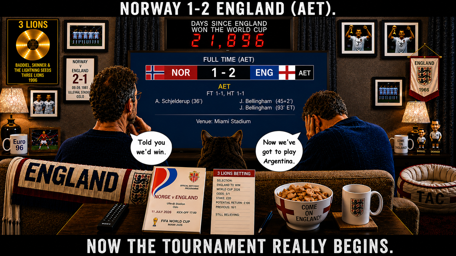 Top bar text: "NORWAY 1-2 ENGLAND (AET)." In the established England sofa room, two supporters watch the full-time television graphic after England beat Norway 2-1 after extra time. The screen lists the scorers beneath the result. One supporter says, "TOLD YOU WE'D WIN." The other says, "NOW WE'VE GOT TO PLAY ARGENTINA." Bottom bar text: "NOW THE TOURNAMENT REALLY BEGINS."