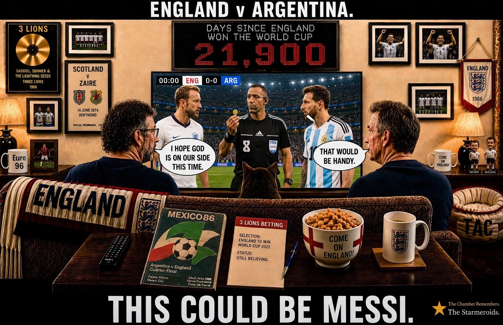 Top bar text: "ENGLAND v ARGENTINA." In the established England sofa room, two supporters watch the pre-match television coverage as England and Argentina players stand together on screen. The room carries the usual England memorabilia and match-day props. One player says, "I HOPE GOD IS ON OUR SIDE THIS TIME." Another replies, "THAT WOULD BE HANDY." Bottom bar text: "THIS COULD BE MESSI."