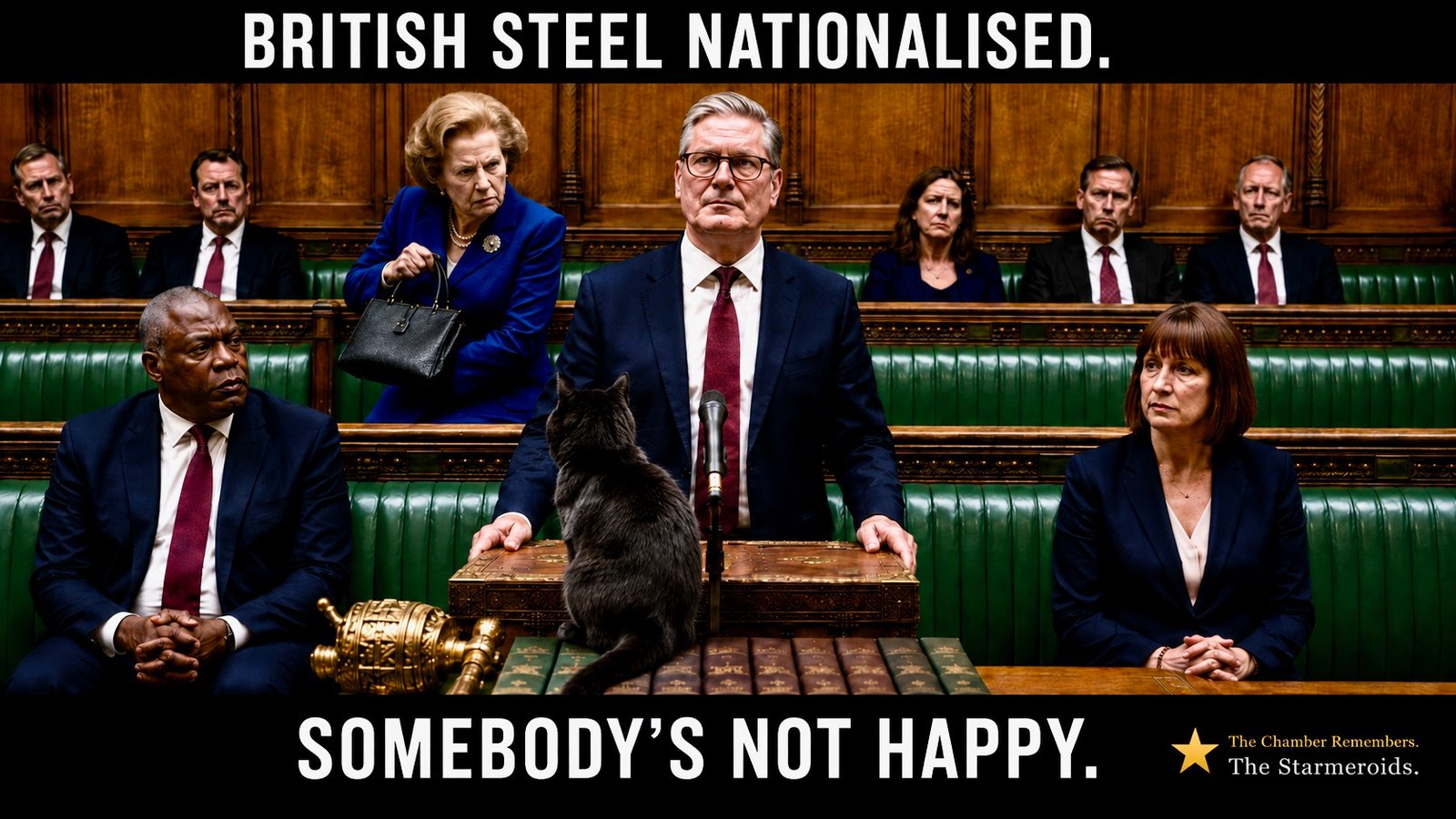 Top bar text: "BRITISH STEEL NATIONALISED." In the House of Commons, Keir Starmer stands at the dispatch box while ministers sit around him. A large ceremonial-looking golden object sits on the bench in front. Tac sits prominently on the dispatch box or bench beside Starmer, facing into the chamber. Bottom bar text: "SOMEBODY'S NOT HAPPY."