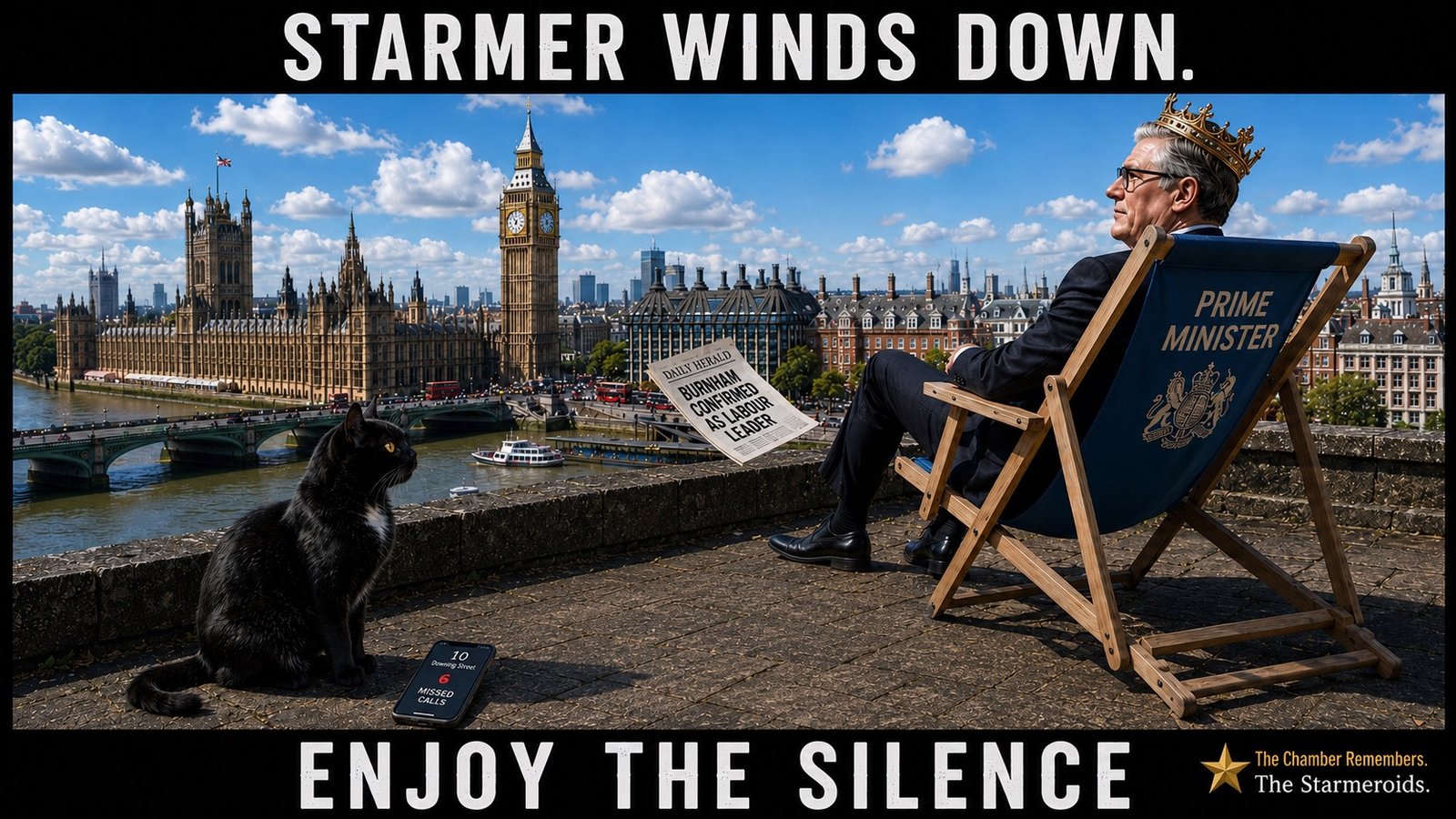 Top bar text: "STARMER WINDS DOWN." Keir Starmer sits in a deck chair overlooking the Palace of Westminster, dressed in the king costume associated with Dave Gahan in Depeche Mode's "Enjoy the Silence" video. The chair is marked "PRIME MINISTER". A newspaper beside him carries the headline "BURNHAM CONFIRMED AS LABOUR LEADER". On the ground near Tac, a phone displays "10 MISSED CALLS" from Downing Street. Tac sits beside the phone looking toward Starmer. Bottom bar text: "ENJOY THE SILENCE."