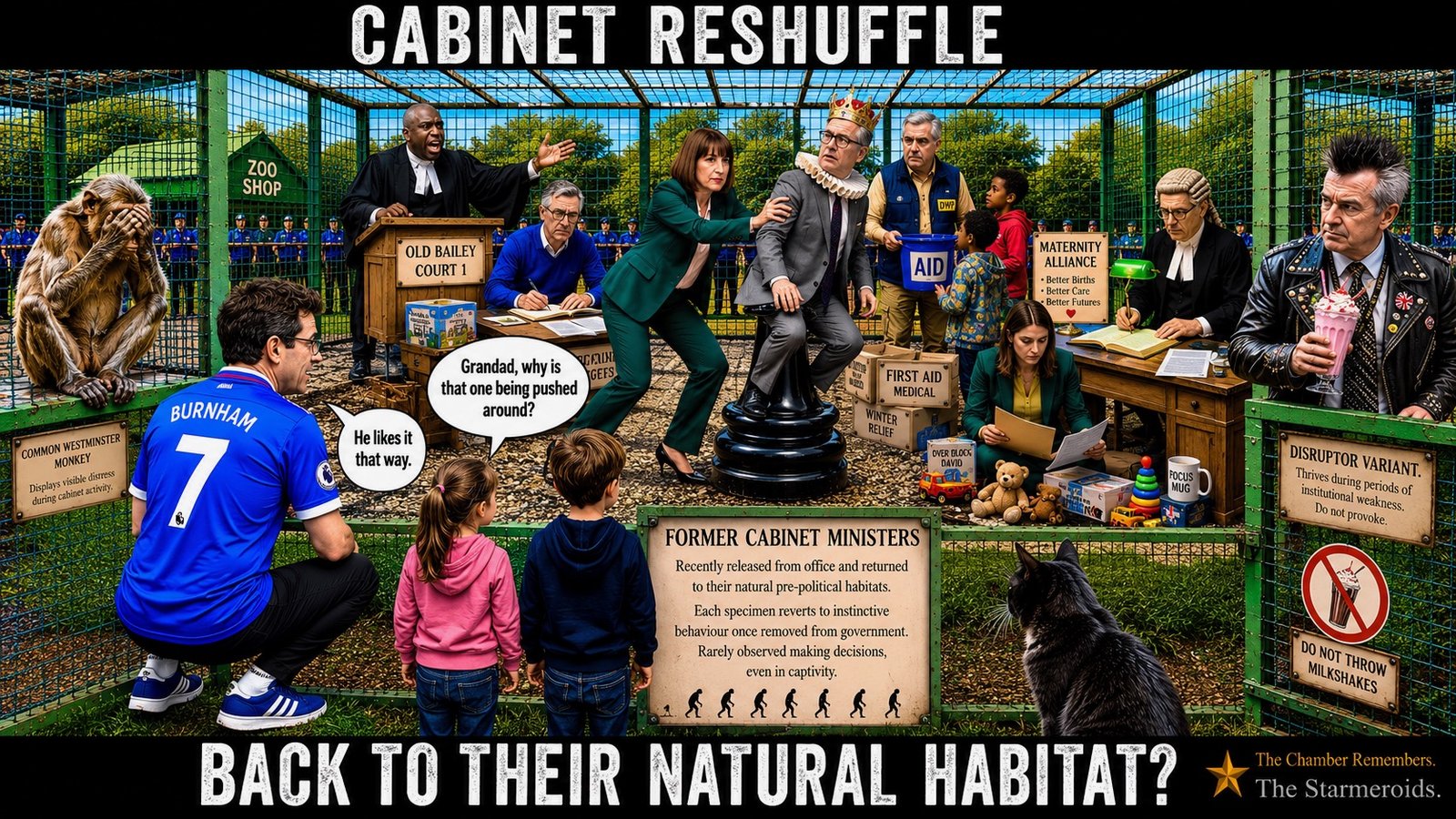 Top bar text: "CABINET RESHUFFLE." In a zoo-style enclosure marked "FORMER CABINET MINISTERS", Andy Burnham crouches outside the barrier in a blue Hafnia Everton BURNHAM 7 shirt beside two grandchildren. The boy points toward Keir Starmer, who is dressed as the king chess piece and is being physically pushed across a giant chess base by Rachel Reeves. The boy asks, "Grandad, why is that one being pushed around?" Burnham replies, "He likes it that way." Other former ministers occupy satirical zoo exhibits around them, with signs including "COMMON WESTMINSTER MONKEY" , "DISRUPTOR VARIANT" and "DO NOT THROW MILKSHAKES". Tac sits in the foreground looking into the enclosure. Bottom bar text: "BACK TO THEIR NATURAL HABITAT?"