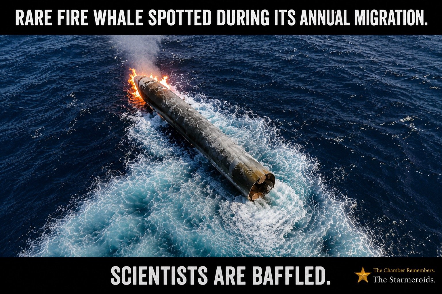 Top bar text: "RARE FIRE WHALE SPOTTED DURING ITS ANNUAL MIGRATION." From above, a long charred rocket booster floats across the ocean with flames and smoke at one end and a broad white wake around it, making the damaged booster resemble a whale moving through the sea. Bottom bar text: "SCIENTISTS ARE BAFFLED."