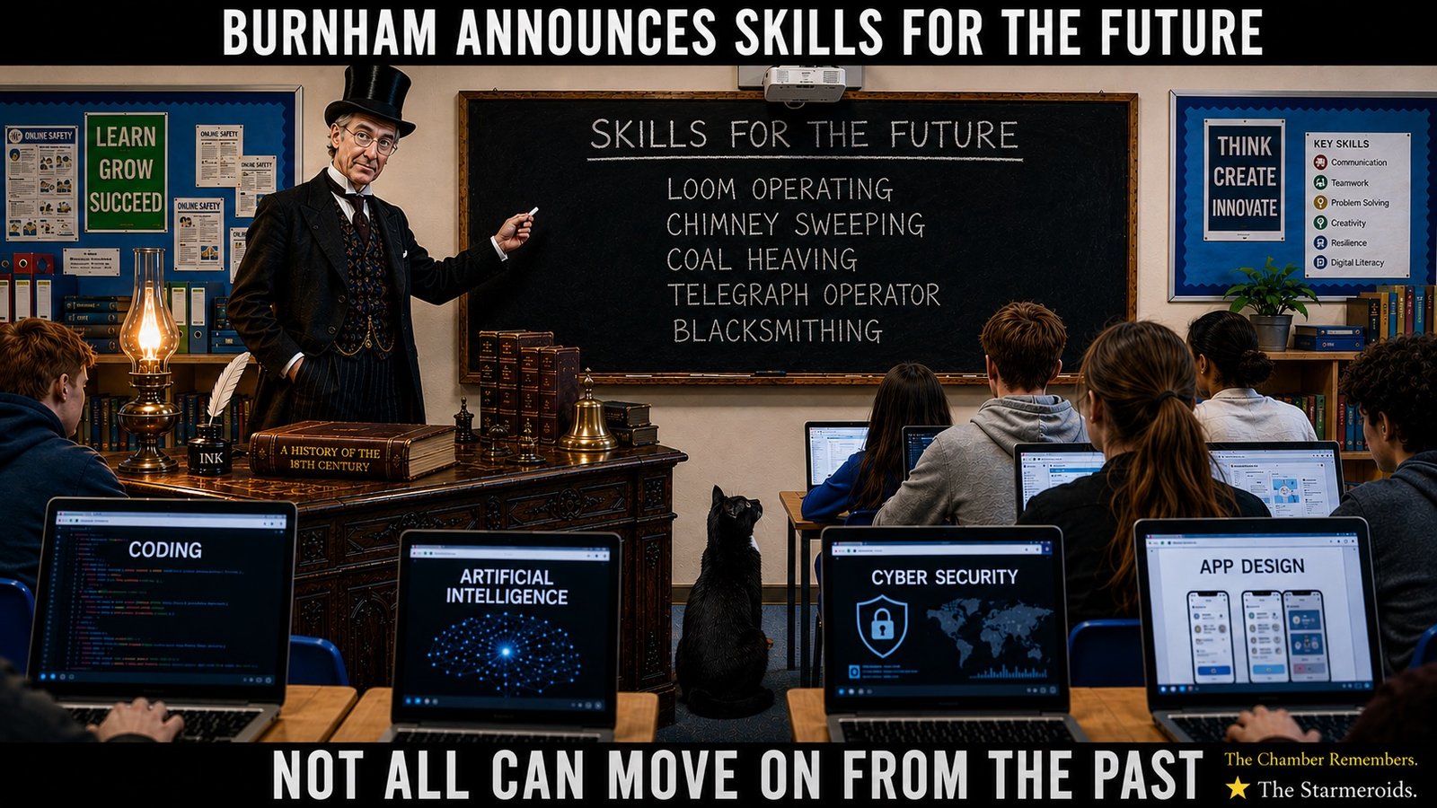 Top bar text: "BURNHAM ANNOUNCES SKILLS FOR THE FUTURE." In a modern classroom, the Victorian Jacob Rees-Mogg character stands at an ornate wooden teacher's desk wearing a black top hat and old-fashioned suit. He points to a blackboard headed "SKILLS FOR THE FUTURE", listing loom operating, chimney sweeping, coal hewing, telegraph operator and blacksmithing. The pupils sit at laptops showing modern subjects including coding, artificial intelligence, cyber security and app design. Tac sits among the pupils facing the Victorian teacher. Bottom bar text: "NOT ALL CAN MOVE ON FROM THE PAST."