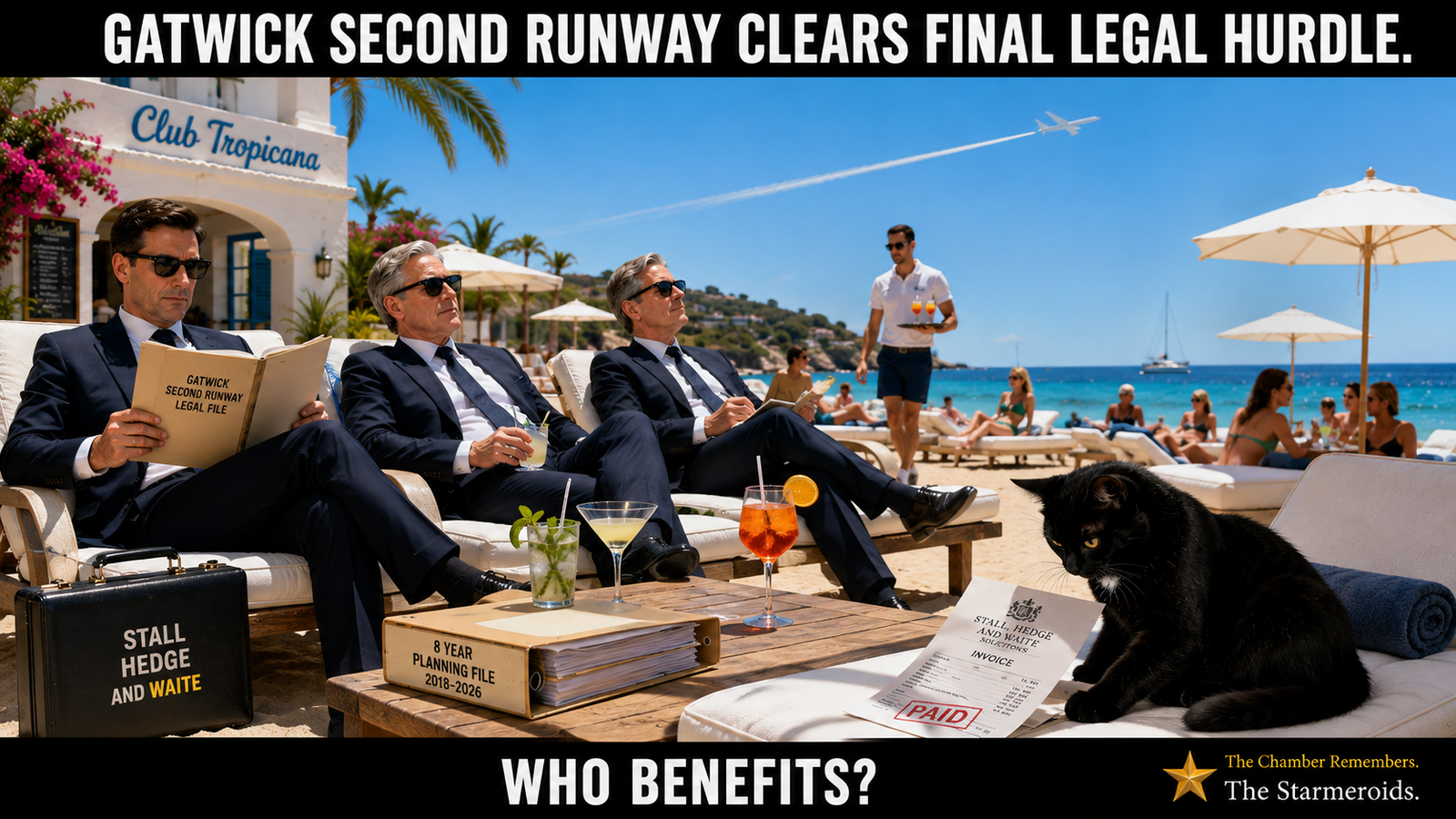 A sunny beach-club scene beside turquoise water. Three suited men wearing sunglasses lounge in deckchairs with folders, files and legal paperwork around them. A sign behind them reads “Club Tropicana”. Briefcases and boxes carry the fictional legal-firm name “STALL HEDGE AND WAITE”, while paperwork on the table includes a clearly visible red “PAID” stamp. Tac sits beside the paperwork looking toward the documents rather than the camera. The relaxed holiday setting contrasts with the legal work scattered around the men. Top bar text: GATWICK SECOND RUNWAY CLEARS FINAL LEGAL HURDLE. Bottom bar text: WHO BENEFITS?