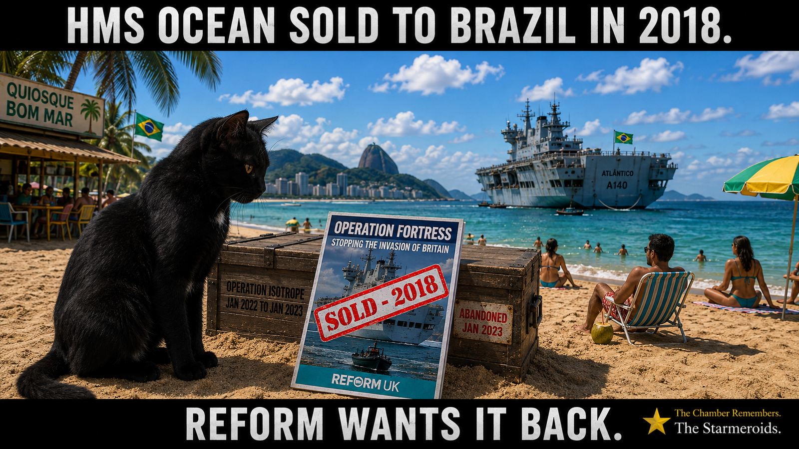 A bright tropical beach with Rio de Janeiro scenery and a Brazilian flag in the background. Offshore is the former HMS Ocean, now marked “ATLÂNTICO A140”. In the foreground, Tac sits on or beside wooden military-style crates and looks toward a placard headed “OPERATION FORTRESS”. A prominent red-and-white notice reads “SOLD - 2018”, while another crate refers to the operation running from January 2022 to January 2023. Beachgoers relax nearby as if the warship’s presence is completely ordinary. Top bar text: HMS OCEAN SOLD TO BRAZIL IN 2018. Bottom bar text: REFORM WANTS IT BACK.